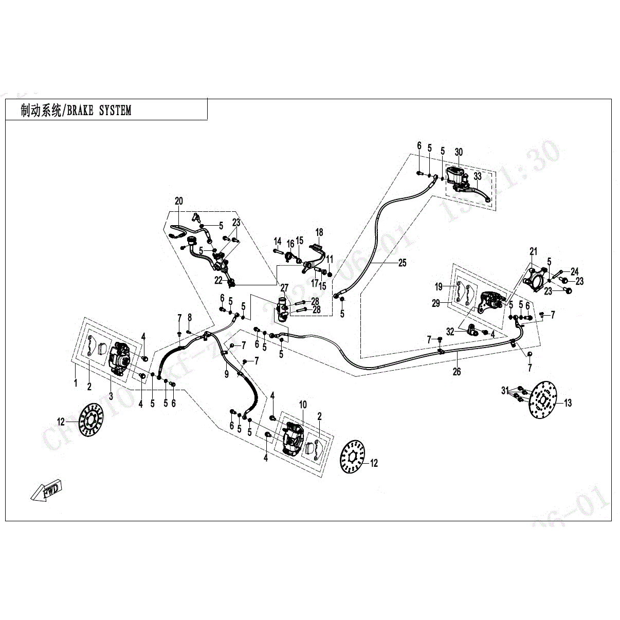An Image of a genuine CFMOTO Parts Schematic Diagram showing the group - BRAKE SYSTEM - 2024 CFMOTO CFORCE 110