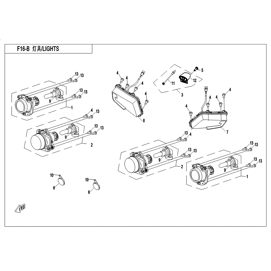 An Image of a genuine CFMOTO Parts Schematic Diagram showing the group - LIGHTS (WITH NO TURN LIGHTS) - 2019 CFMOTO CFORCE 600
