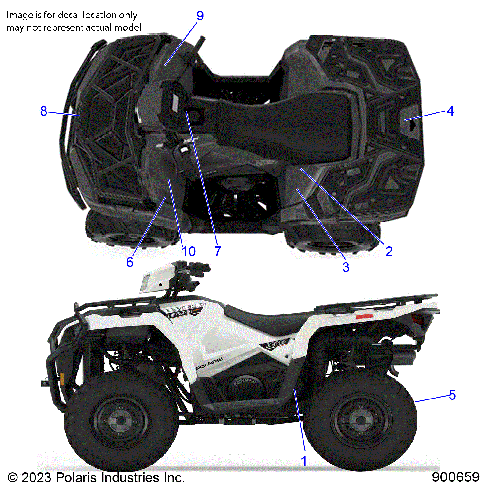 An Image of a Genuine Polaris Parts Schematic Diagram showing the schematic - BODY: DECALS GENERAL - 2023 POLARIS SPORTSMAN 570 UTILITY LE