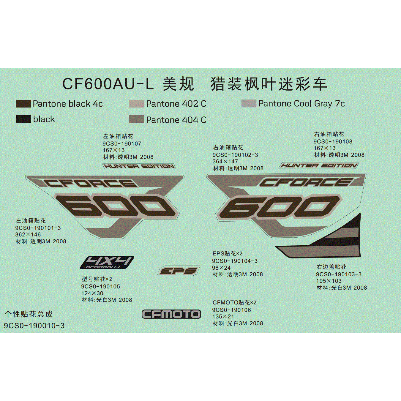 An Image of a genuine CFMOTO Parts Schematic Diagram showing the group - DECAL KIT (FOR TT CAMO VEHICLE - 2019 CFMOTO CFORCE 600