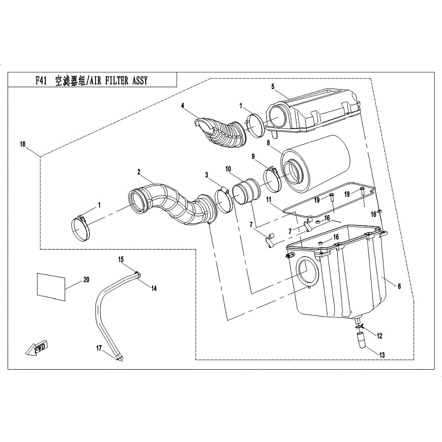 An Image of a genuine CFMOTO Parts Schematic Diagram showing the group - AIR FILTER ASSY - 2019 CFMOTO CFORCE 500 S