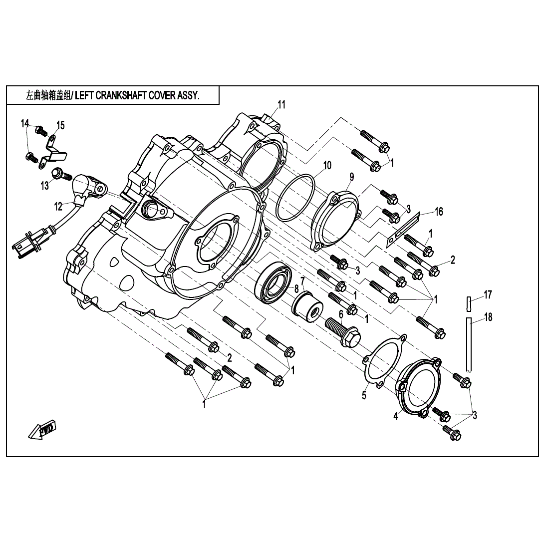 An Image of a Genuine CFMOTO Parts Schematic Diagram showing the schematic - LEFT CRANKCASE COVER ASSY. - 2020 CFMOTO ZFORCE 800 Trail