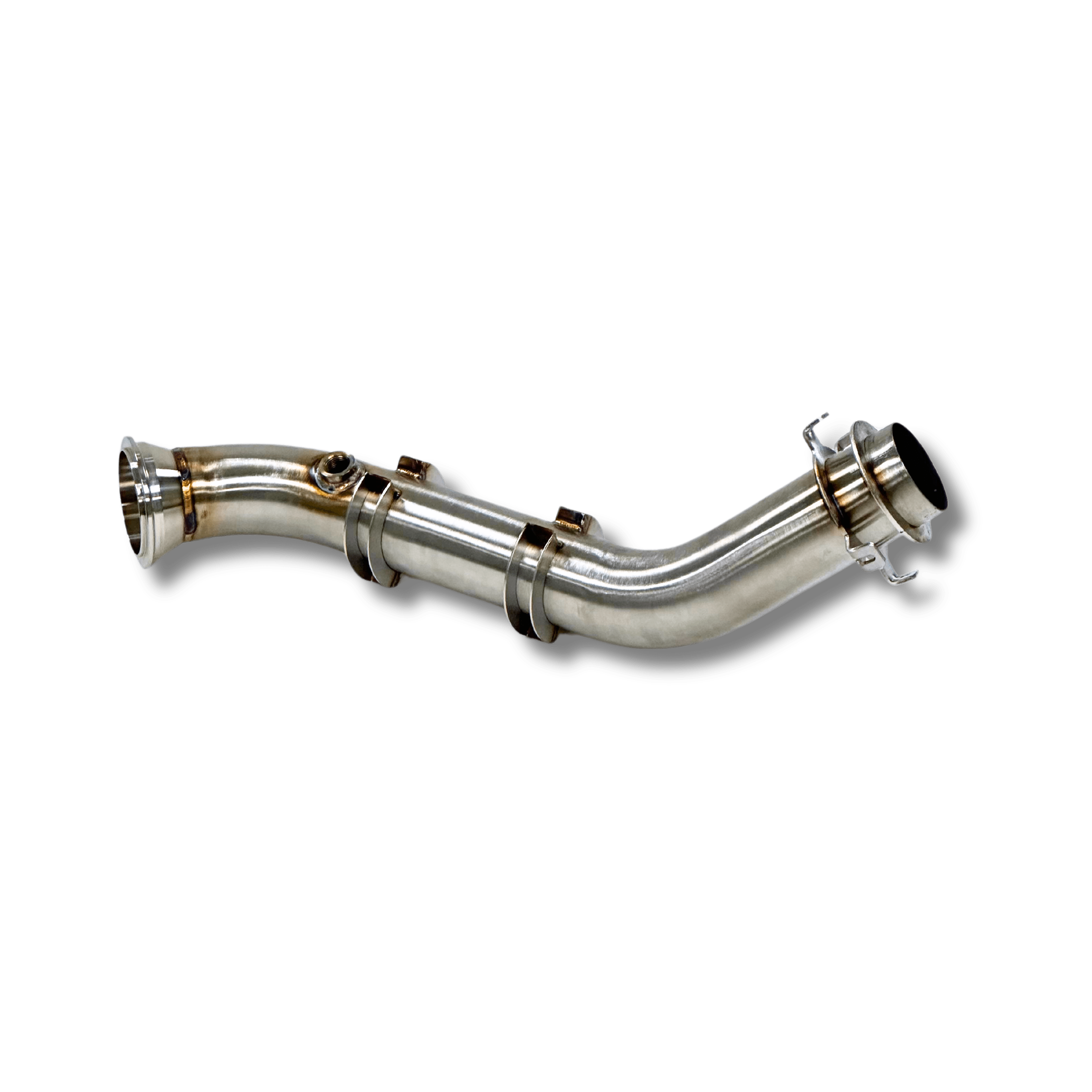 The Can-Am Maverick R High Flow Head Pipe by Trinity Racing features stainless steel construction with welded joints and brackets for improved horsepower and torque, displayed on a sleek black background.