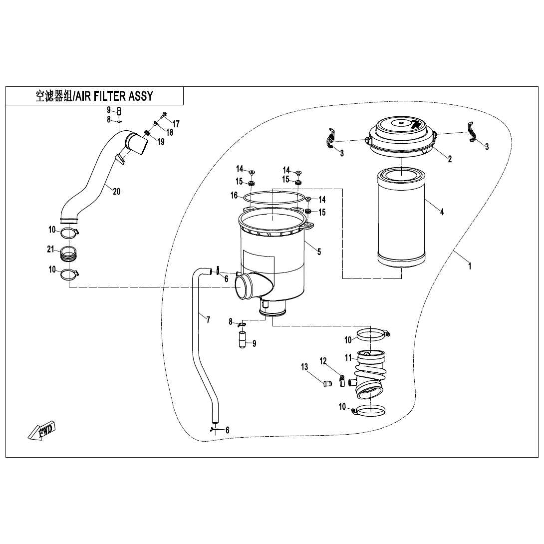 An Image of a Genuine CFMOTO Parts Schematic Diagram showing the schematic - AIR FILTER ASSY - 2021 CFMOTO ZFORCE 950 Sport