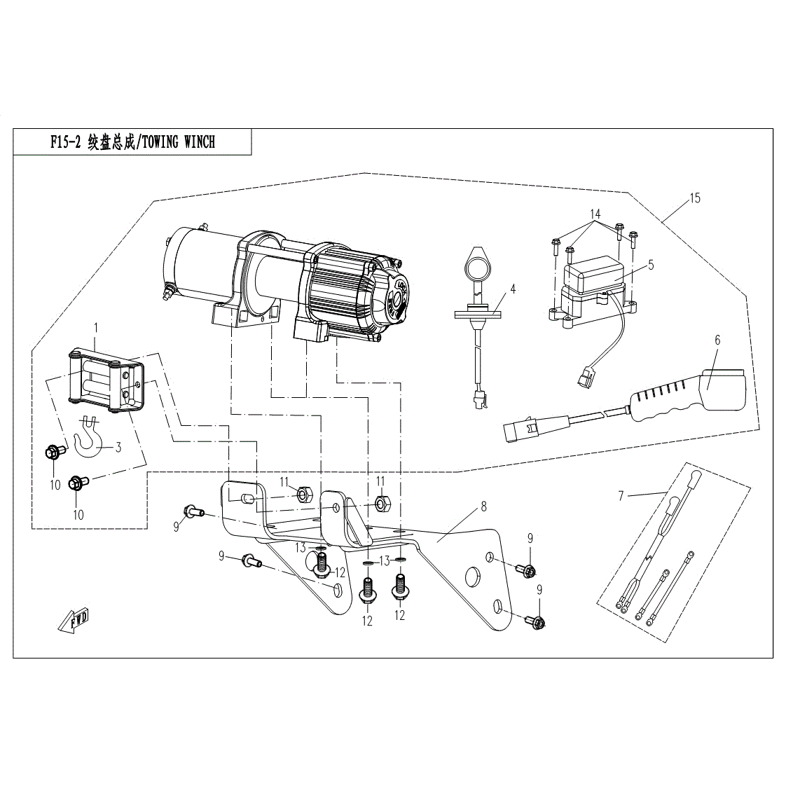 An Image of a Genuine CFMOTO Parts Schematic Diagram showing the schematic - TOWING WINCH - 2017 CFMOTO ZFORCE 500