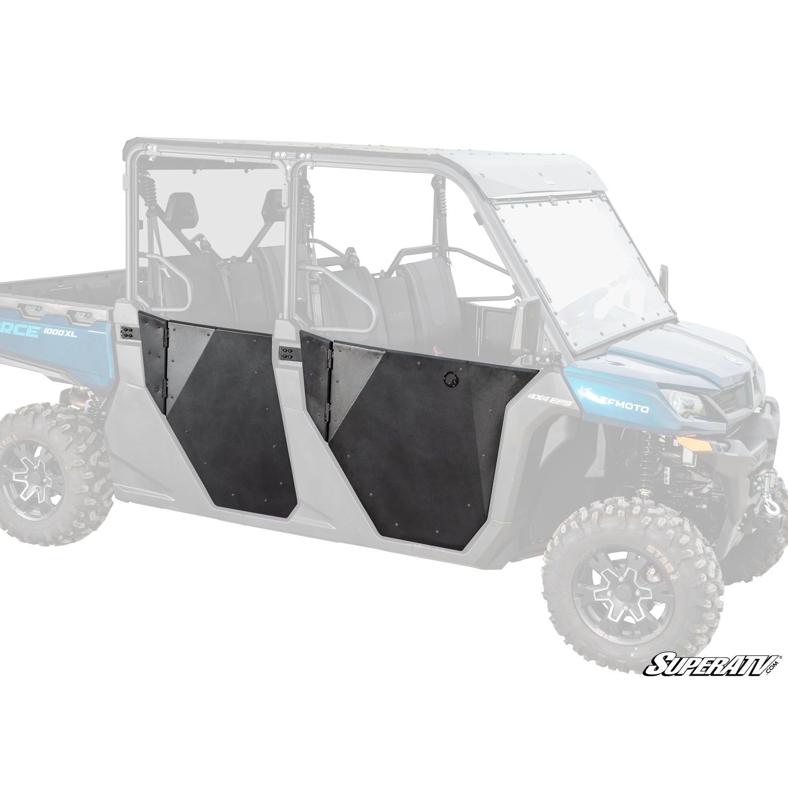 Black aluminum full doors with angular cutouts designed for CFMOTO UForce 1000XL side-by-side vehicle.