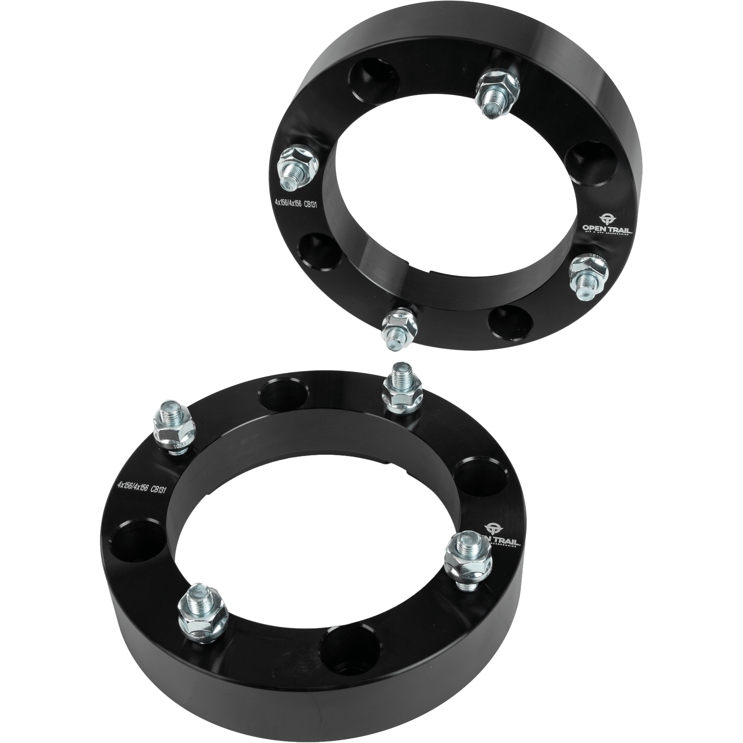 Two Wheel Spacer 1.5 4/156 Stud: 10Mm x 1.25Mm by Open Trail units are shown—one upright, one flat—against a white background, featuring multiple holes for improved traction and stability during wheel installation.