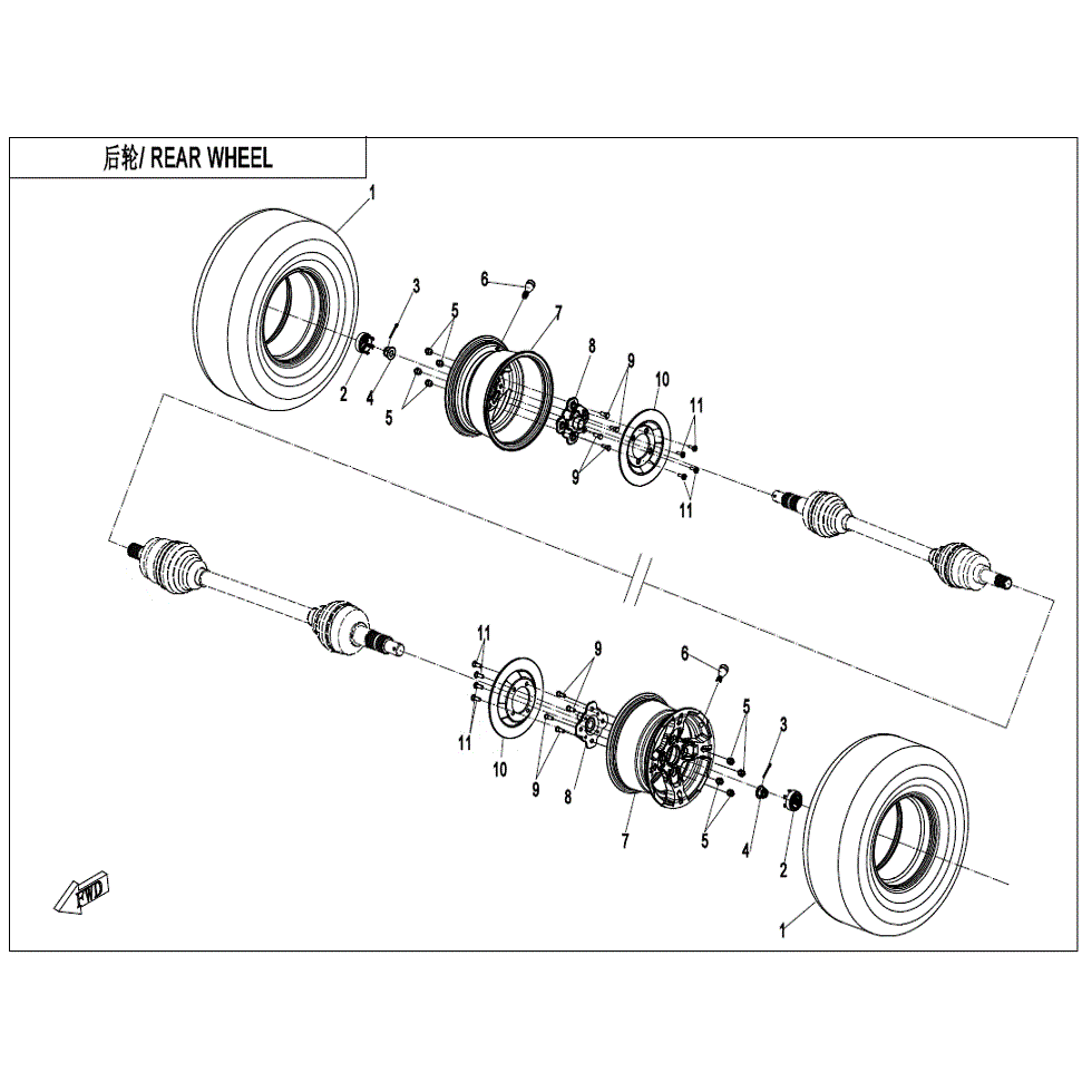 An Image of a genuine CFMOTO Parts Schematic Diagram showing the group - REAR WHEEL - 2022 CFMOTO CFORCE 600