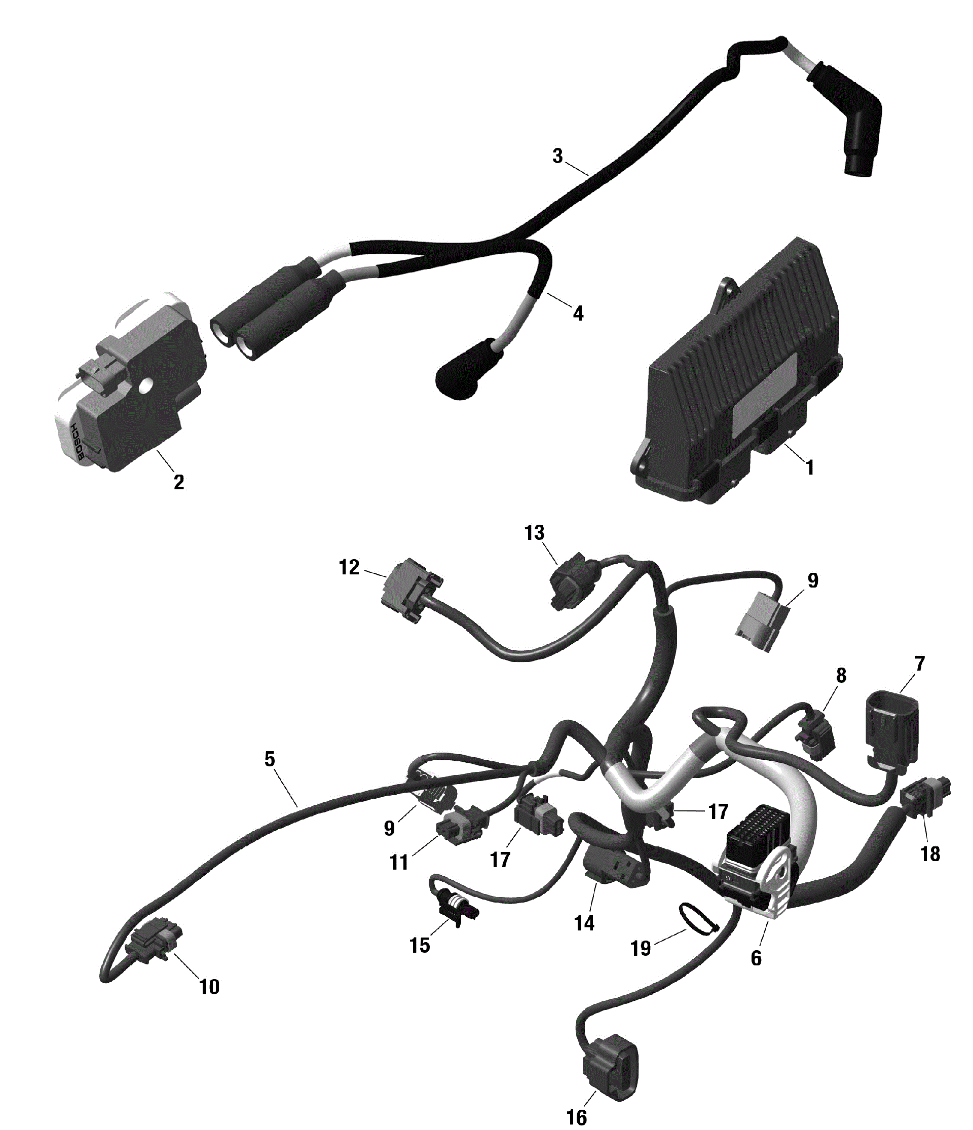 An Image of a Genuine Can-Am Parts Schematic Diagram showing the schematic - ROTAX - ENGINE HARNESS AND ELECTRONIC MODULE