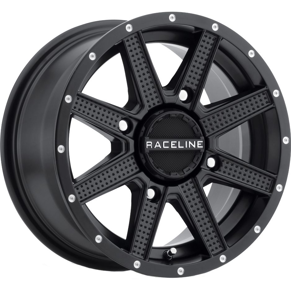 The RACELINE ATV/UTV Hostage Wheel 12x7 4/110 5+2 (+10mm) in black features a multi-spoke alloy design with silver bolt accents and branded center cap—a stylish, heavy-duty aluminum wheel for your ATV or UTV.