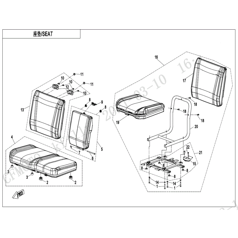 An Image of a Genuine CFMOTO Parts Schematic Diagram showing the schematic - FRONT SEAT (NON HEATING EQUIPMENT) - 2023 CFMOTO UFORCE 1000 XL