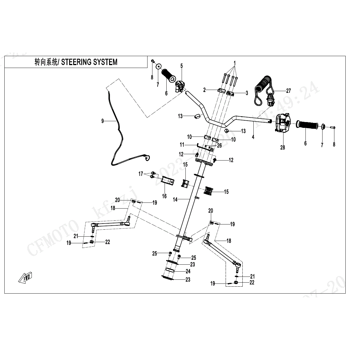 An Image of a genuine CFMOTO Parts Schematic Diagram showing the group - STEERING SYSTEM - 2024 CFMOTO CFORCE 110
