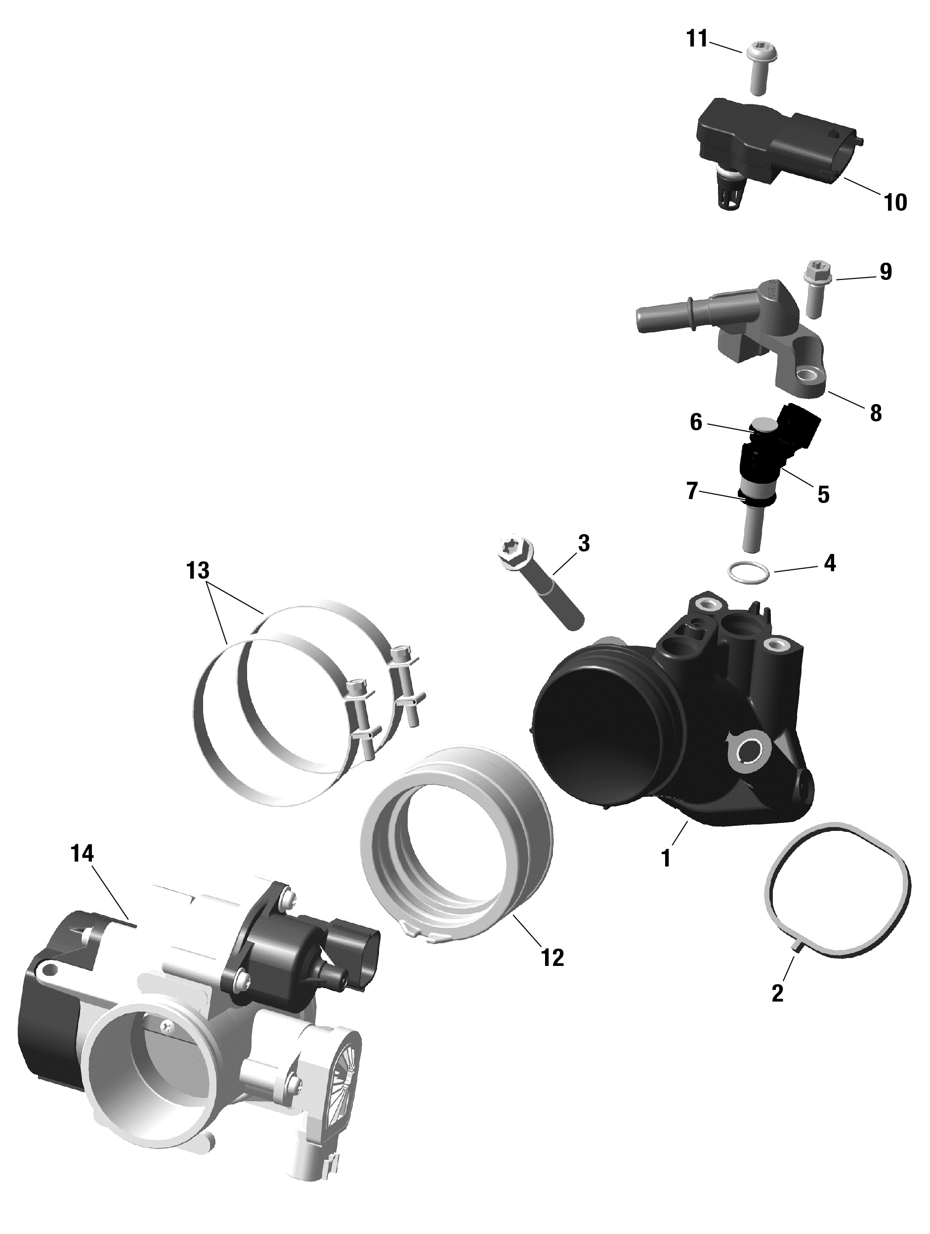 An Image of a Genuine Can-Am Parts Schematic Diagram showing the schematic - ROTAX - AIR INTAKE MANIFOLD AND THROTTLE BODY - MECHANICAL THROTTLE CONTROL