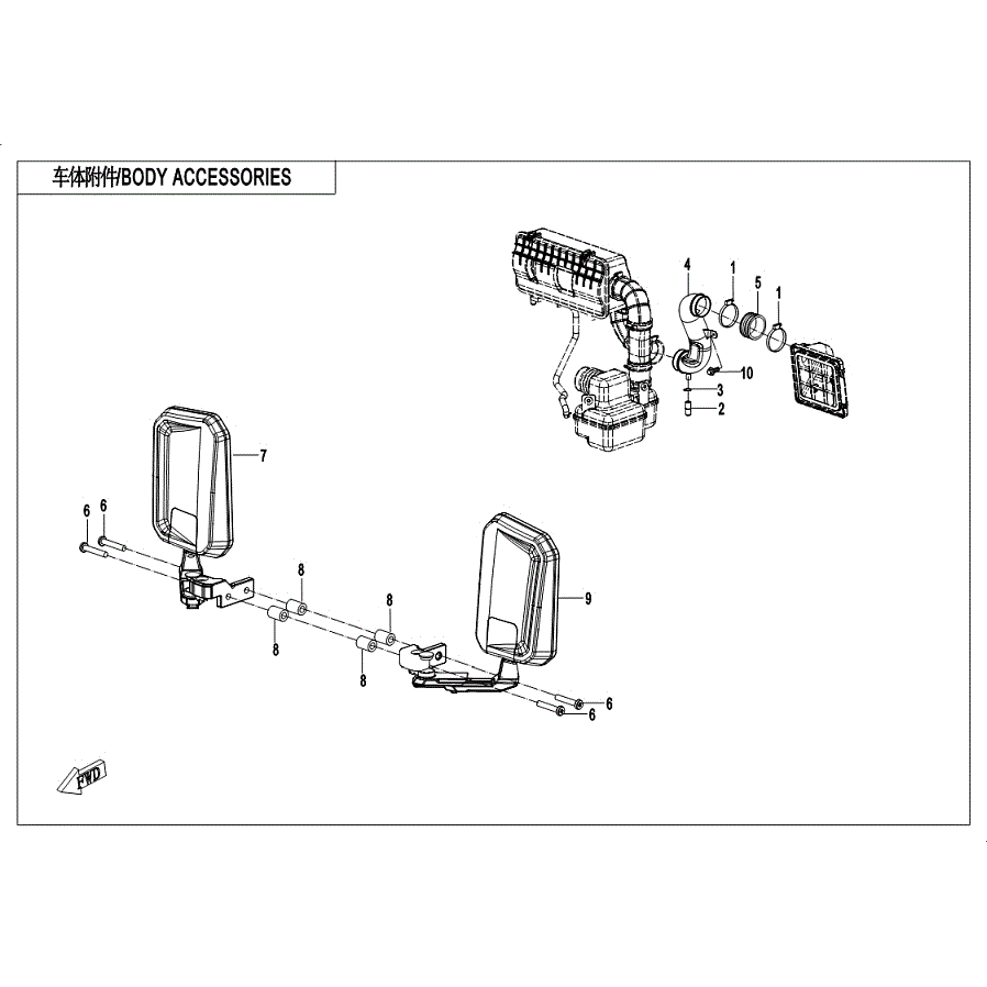 An Image of a Genuine CFMOTO Parts Schematic Diagram showing the schematic - BODY ACCESSORIES(3) - 2019 CFMOTO UFORCE 1000