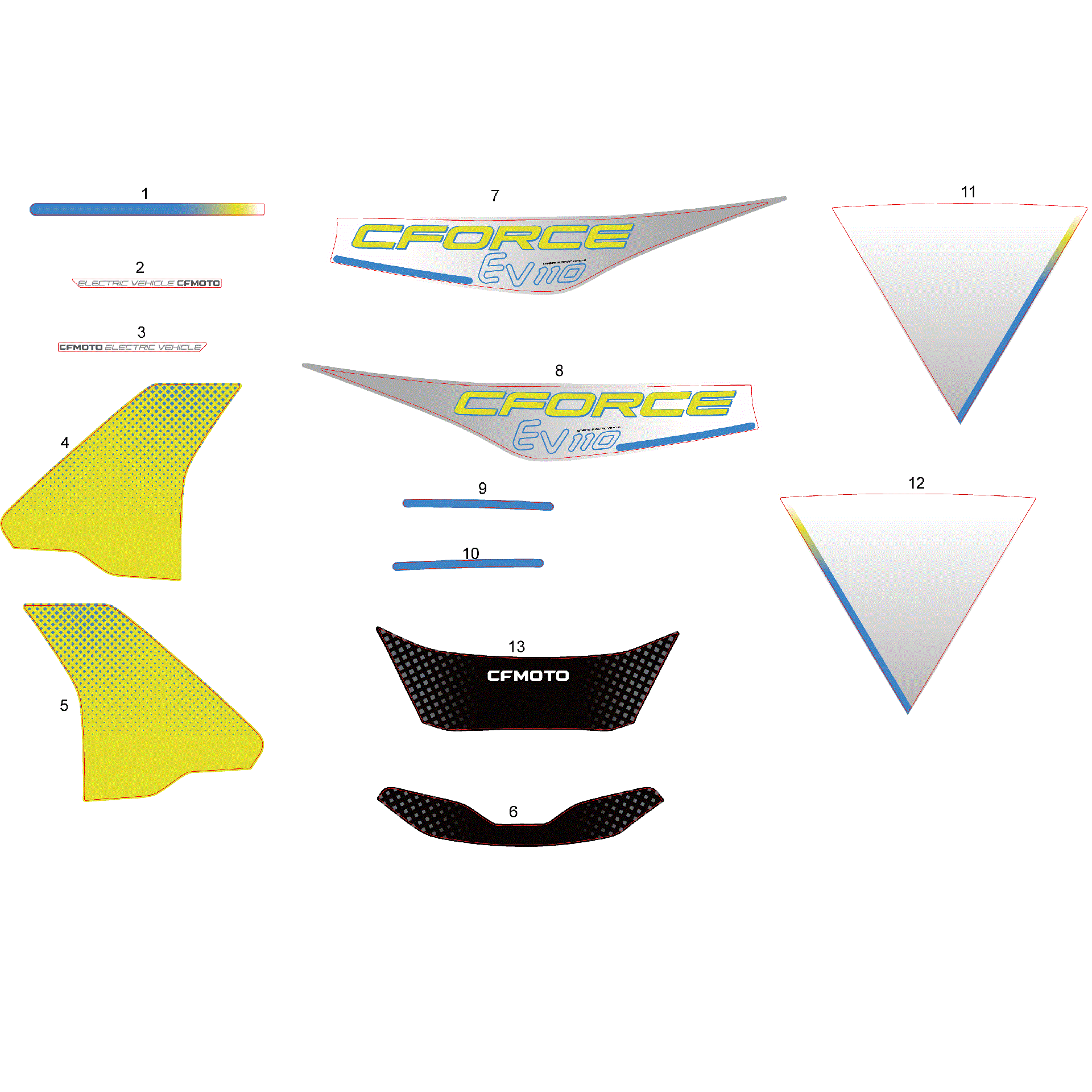 An Image of a genuine CFMOTO Parts Schematic Diagram showing the group - DECAL KITS(NA - 2024 CFMOTO CFORCE EV110