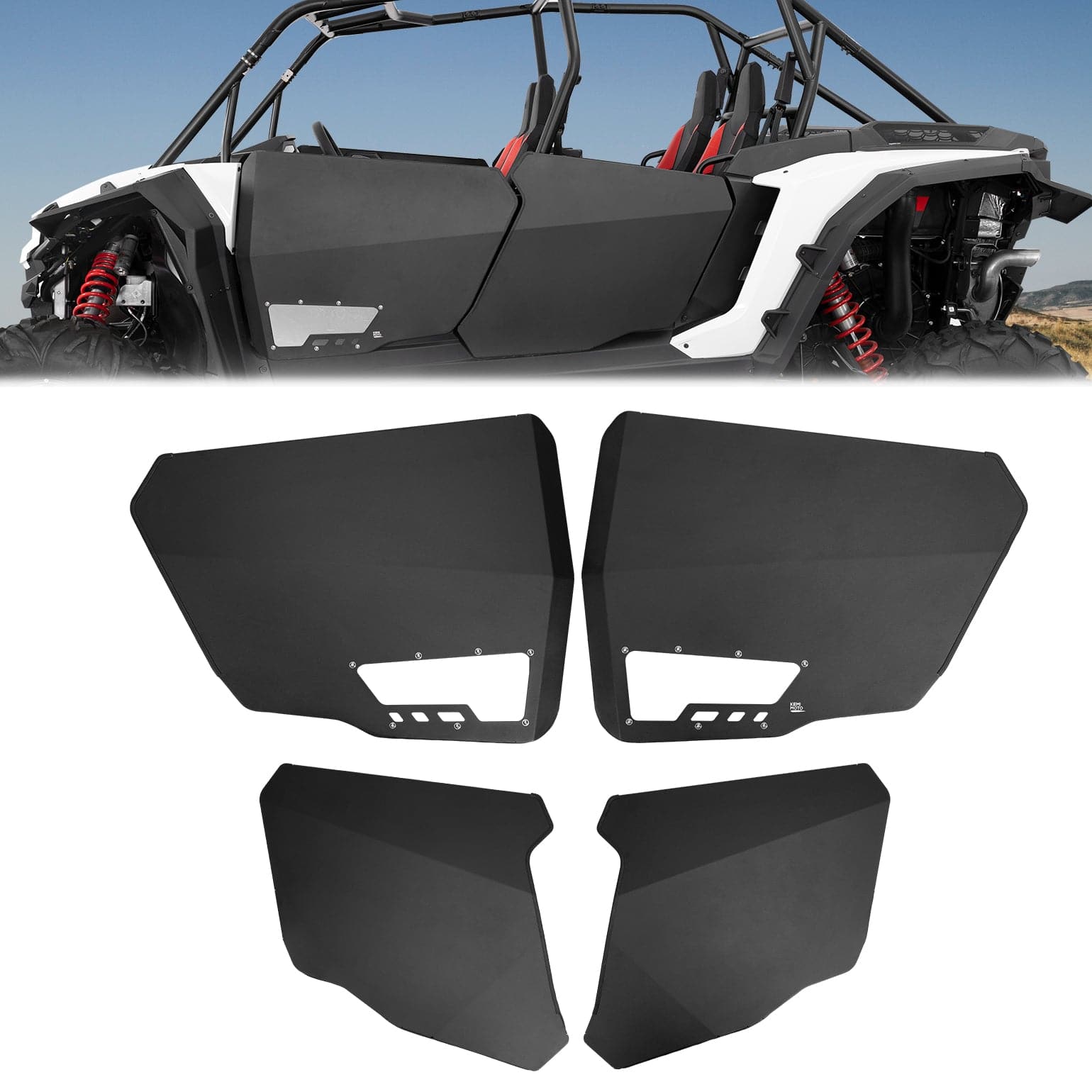 Polaris RZR XP 4 1000 Aluminum Half Door with PC Window by Kemimoto shown separately and installed on a two-seat side-by-side ATV with red shock absorbers; lower door panels are also visible.