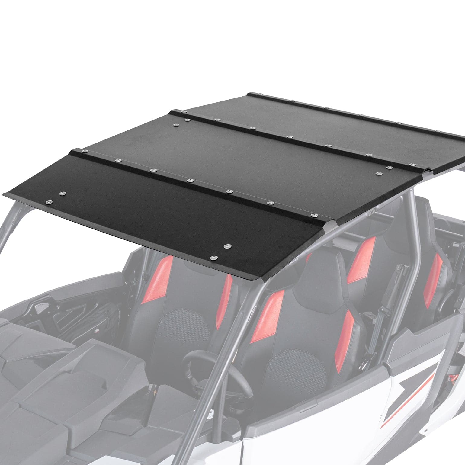 A Polaris RZR XP 4 1000 UTV with red and black seats features a Kemimoto Aluminum Combination Roof Top, shown from an angled top view.