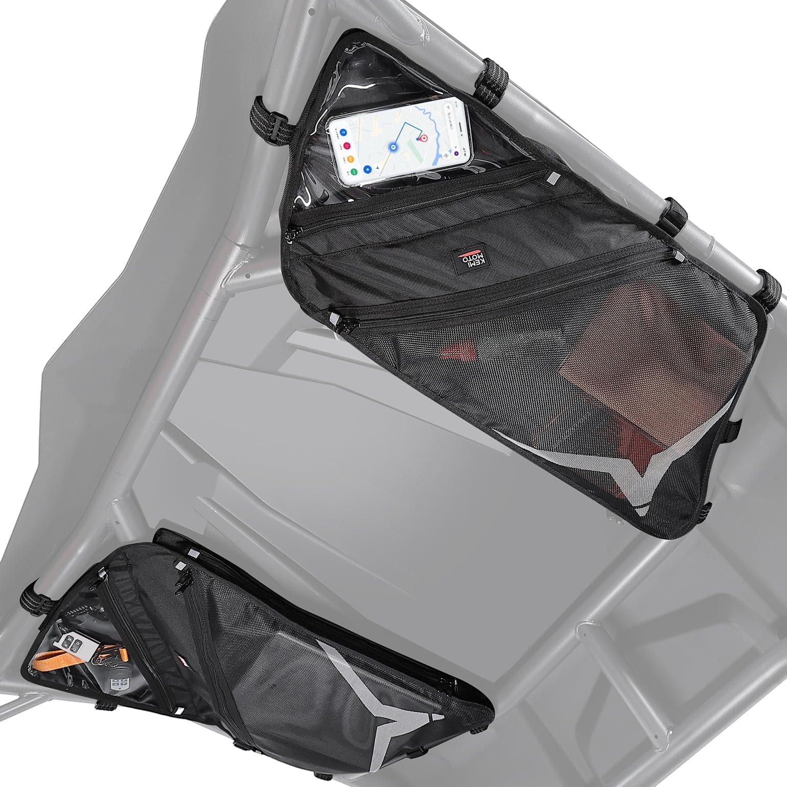 Two black Kemimoto 1680D waterproof roof bags for CFMOTO ZForce 500, 800, and 1000 organize small items overhead inside a gray vehicle; one pouch holds a cellphone with a map, while both store papers and tools.