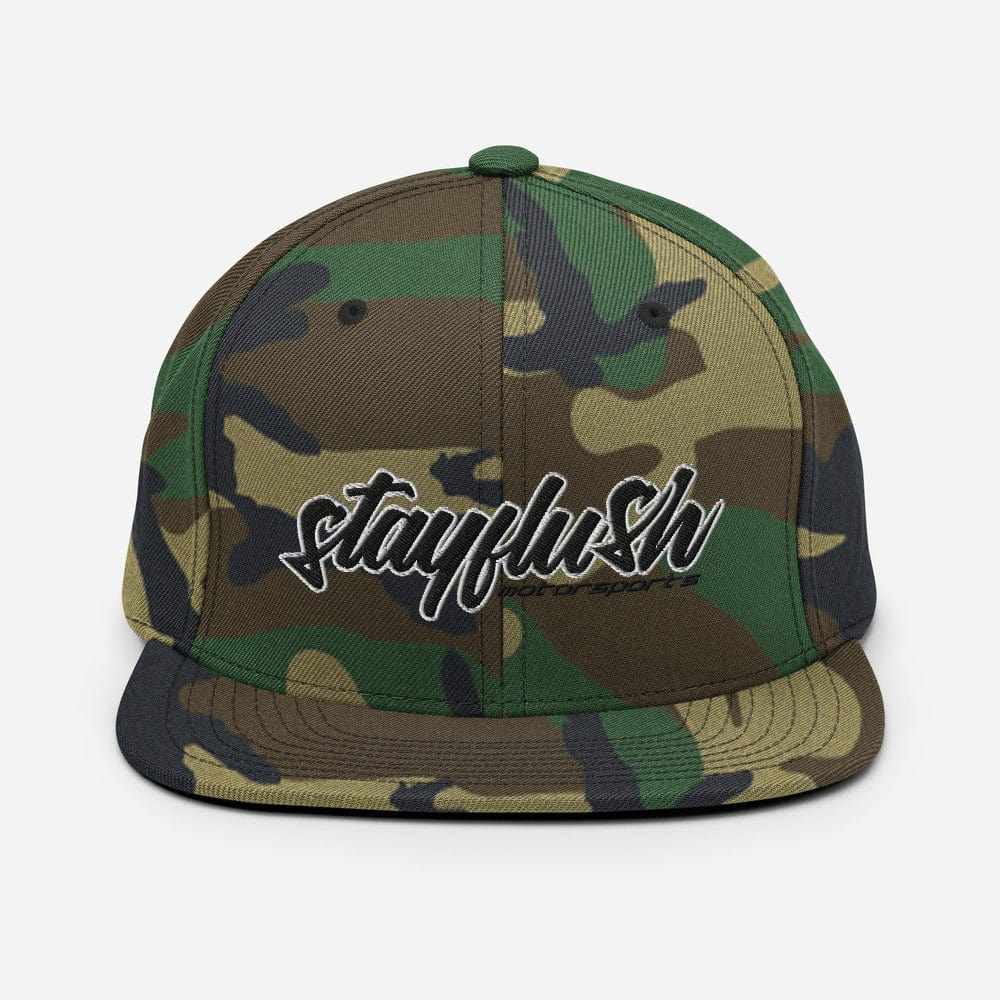 The Stay Flush Snapback Hat by StayFlush is a classic fit camouflage snapback with white and black Stayflush Motorsports embroidery on the front, secure snap closure, and shown on a plain white background.