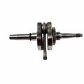 Metal crankshaft with polished and machined surfaces, featuring gear teeth on one end and balanced weights in the center.