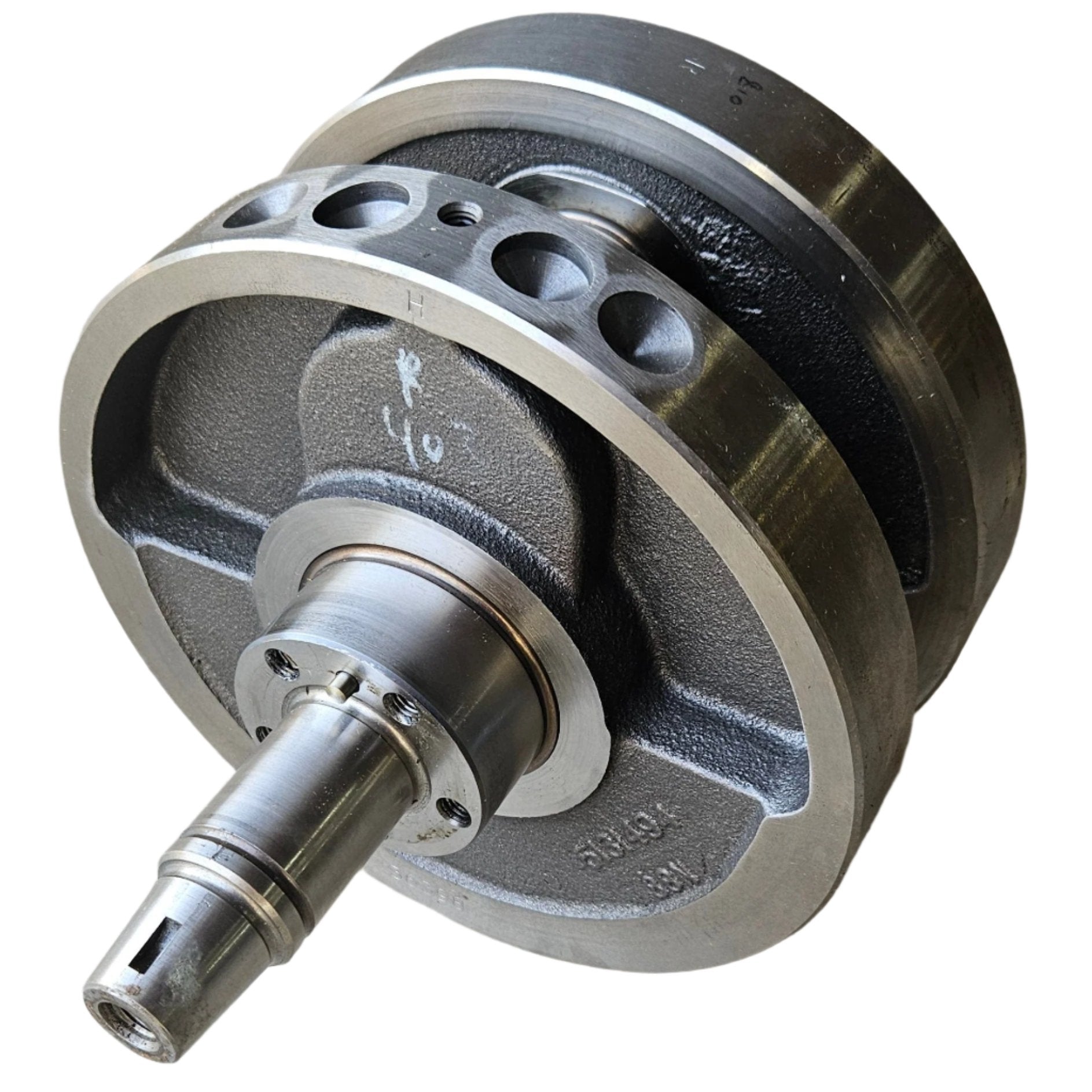A close-up of the Crankshaft by Polaris showcases precise machining, circular holes, and polished surfaces. Set against a white background, it highlights the structure and quality of this genuine OEM part.