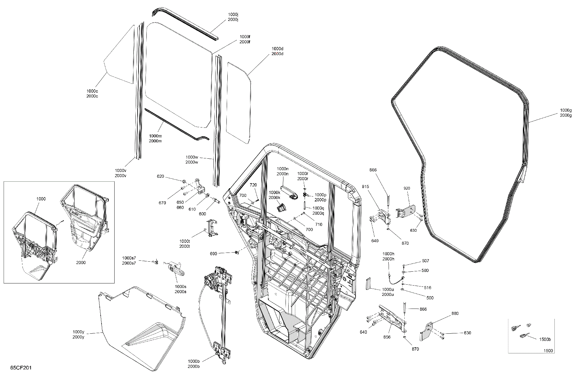 An Image of a Genuine Can-Am Parts Schematic Diagram showing the schematic - ENCLOSURE CAB - DOORS