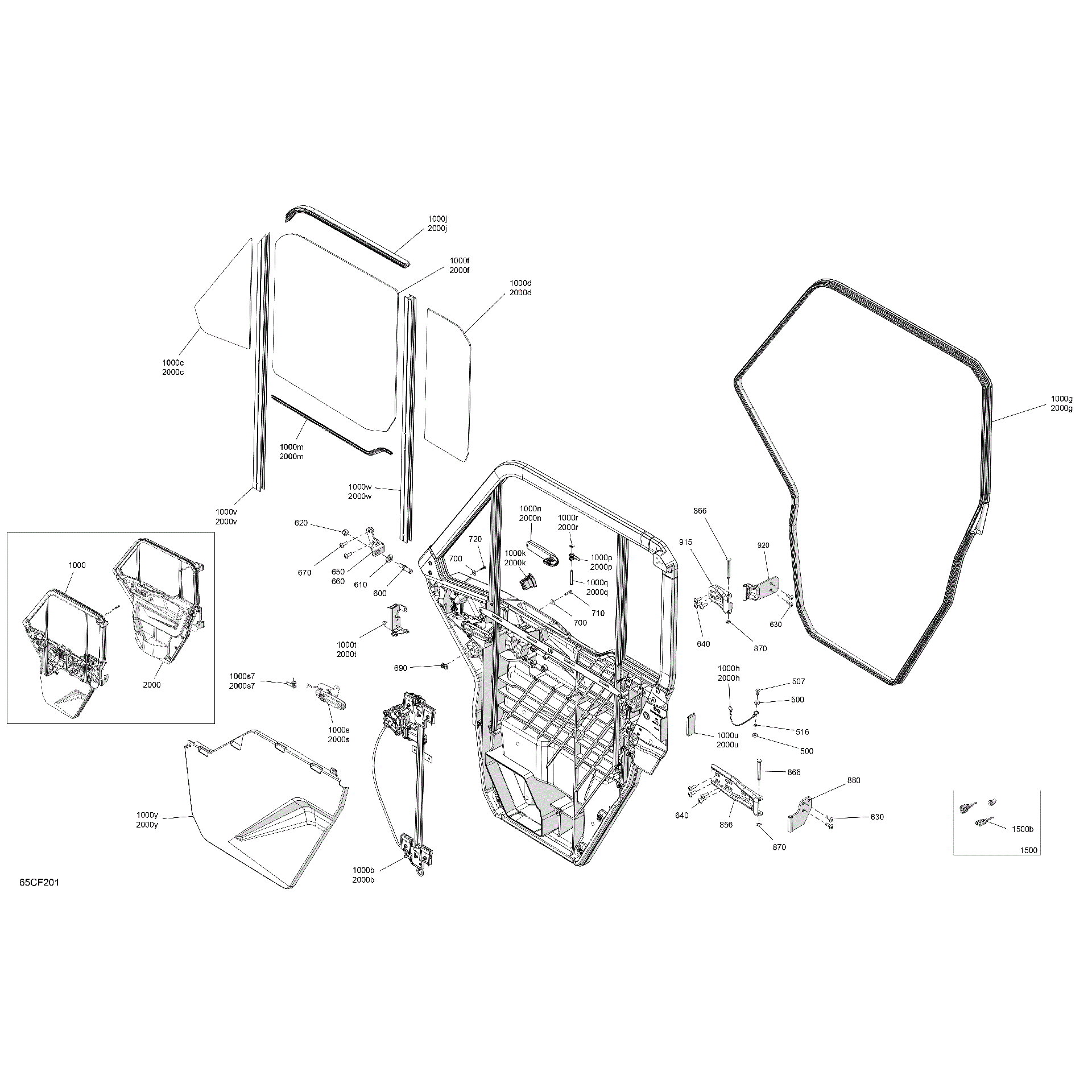 An Image of a Genuine Can-Am Parts Schematic Diagram showing the schematic - ENCLOSURE CAB - DOORS
