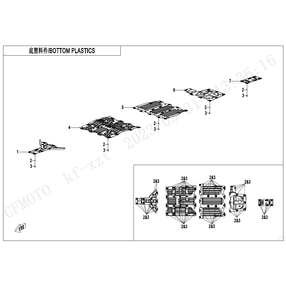 An Image of a Genuine CFMOTO Parts Schematic Diagram showing the schematic - BOTTOM PLASTICS - 2025 CFMOTO ZFORCE 950