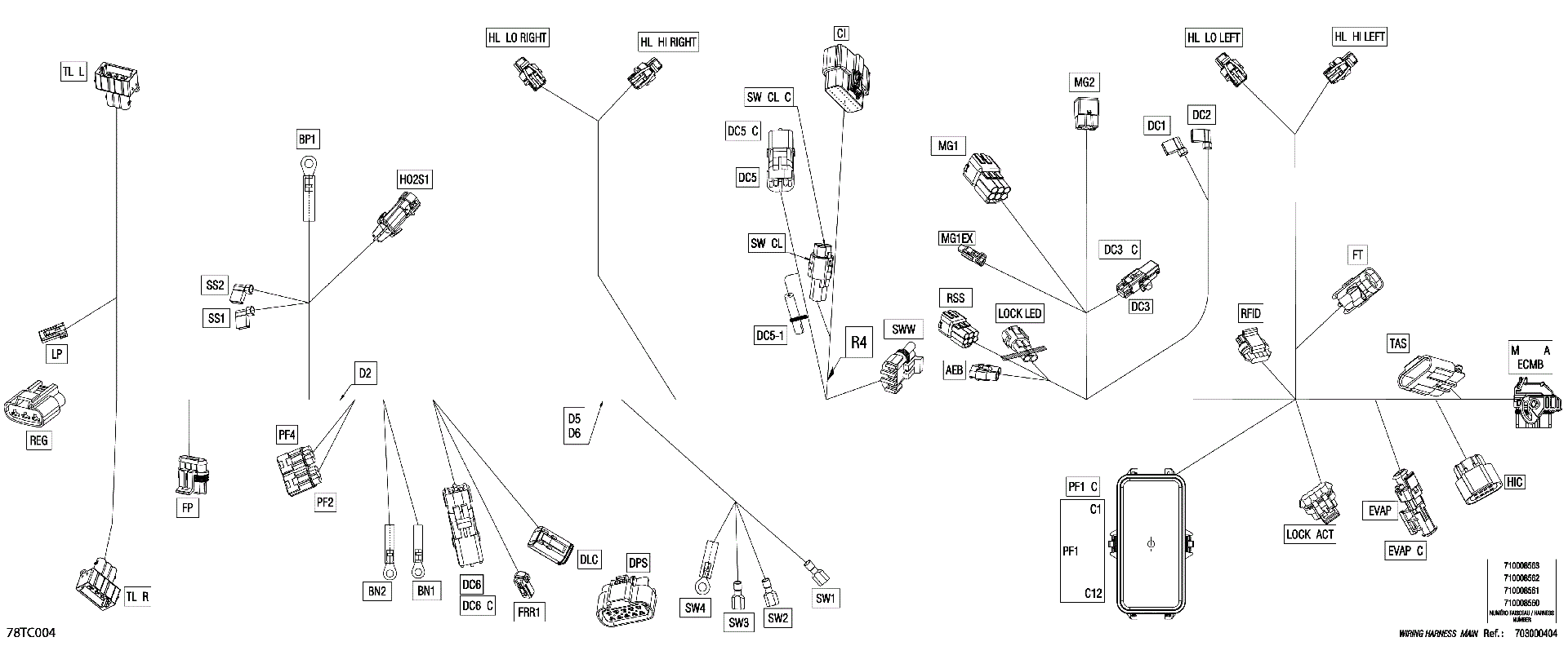 An Image of a Genuine Can-Am Parts Schematic Diagram showing the schematic - ELECTRIC - MAIN HARNESS - 710008560