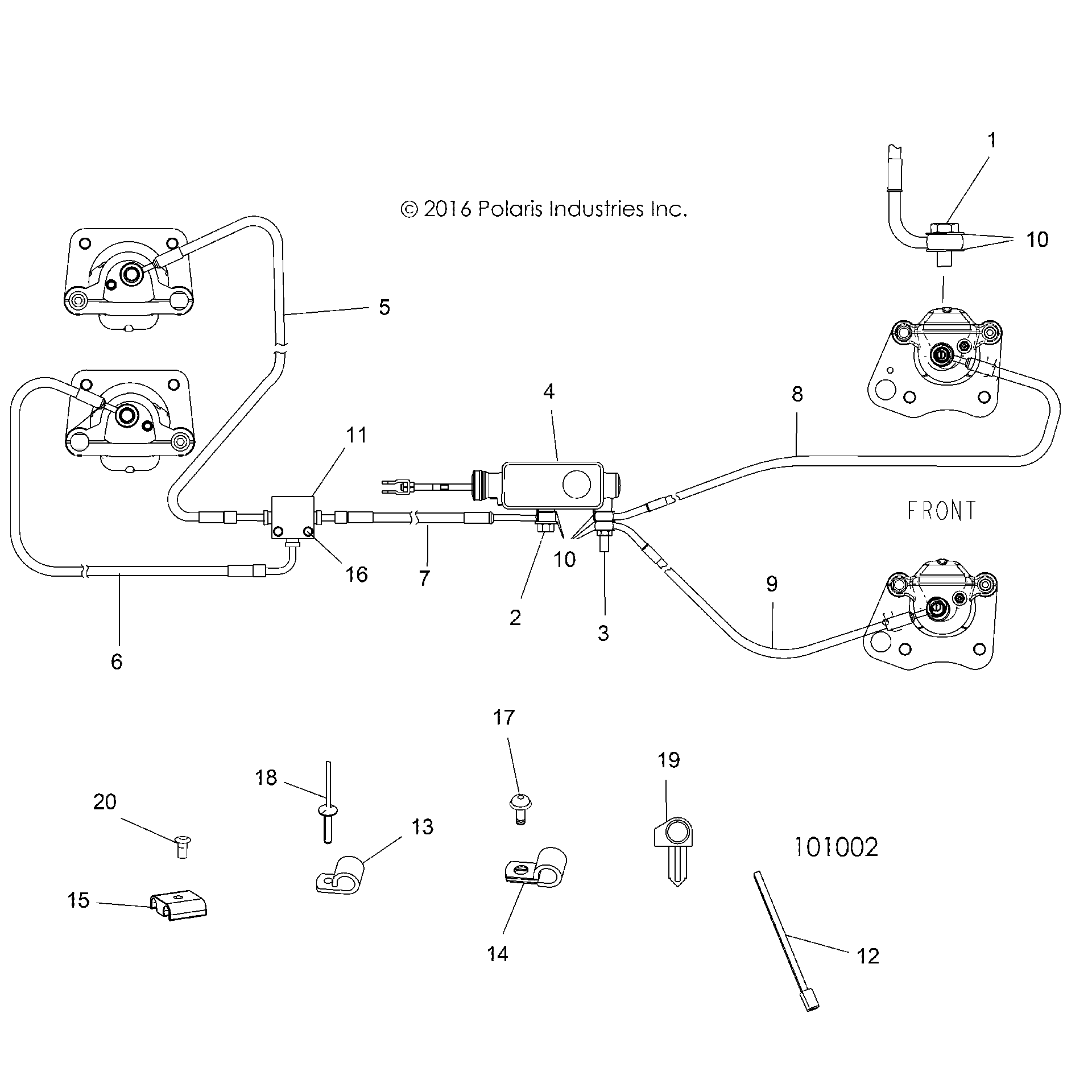 An Image of a Genuine Polaris Parts Schematic Diagram showing the schematic - BRAKES: BRAKE LINES AND MASTER CYLINDER - 2017 POLARIS ACE 570 EFI