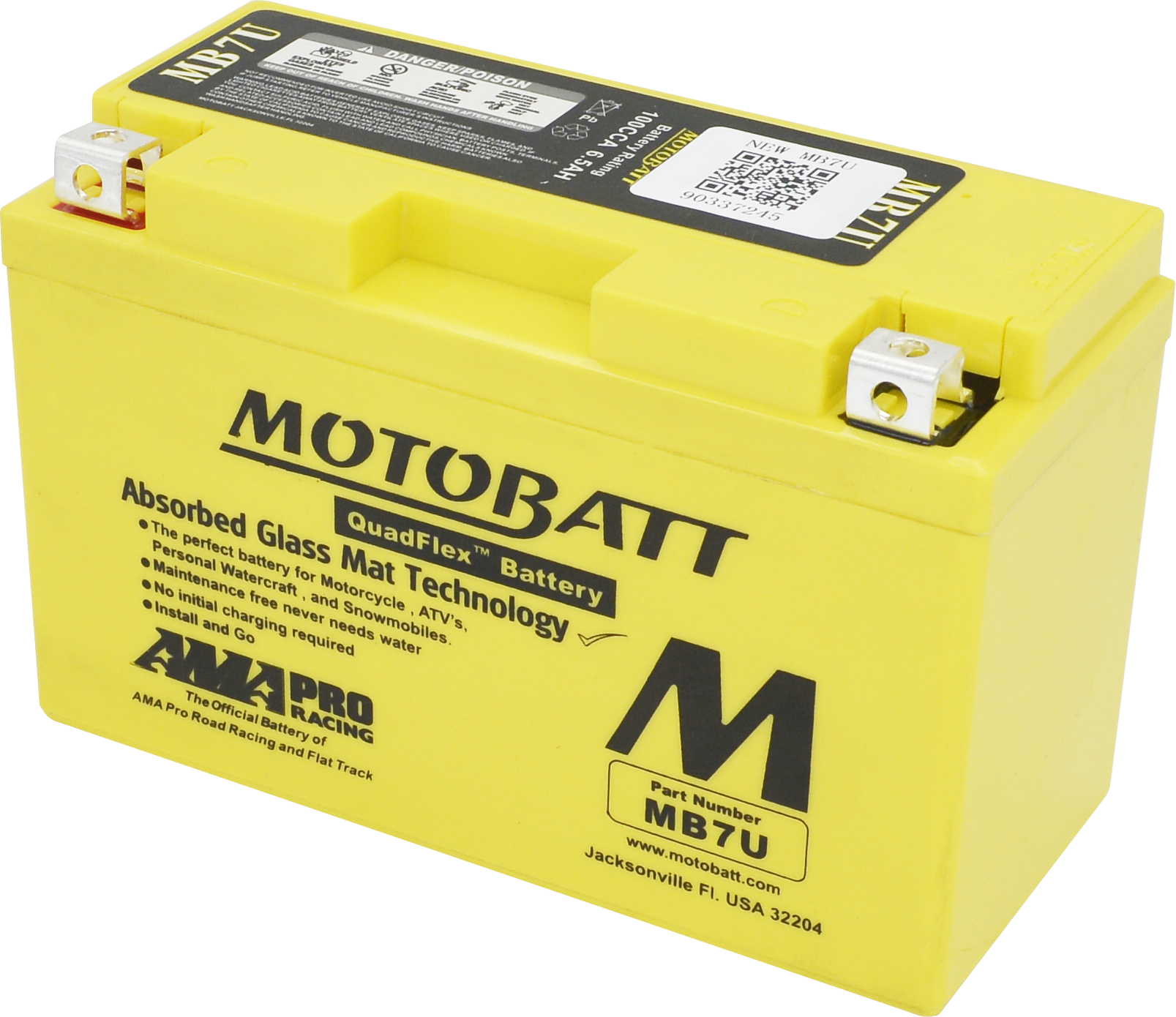 The Mb7U Sealed Factory Activated AGM Battery by MotoBatt is yellow with black text and front labels, has two terminals, and features AGM technology for superior starting power and reliable performance.
