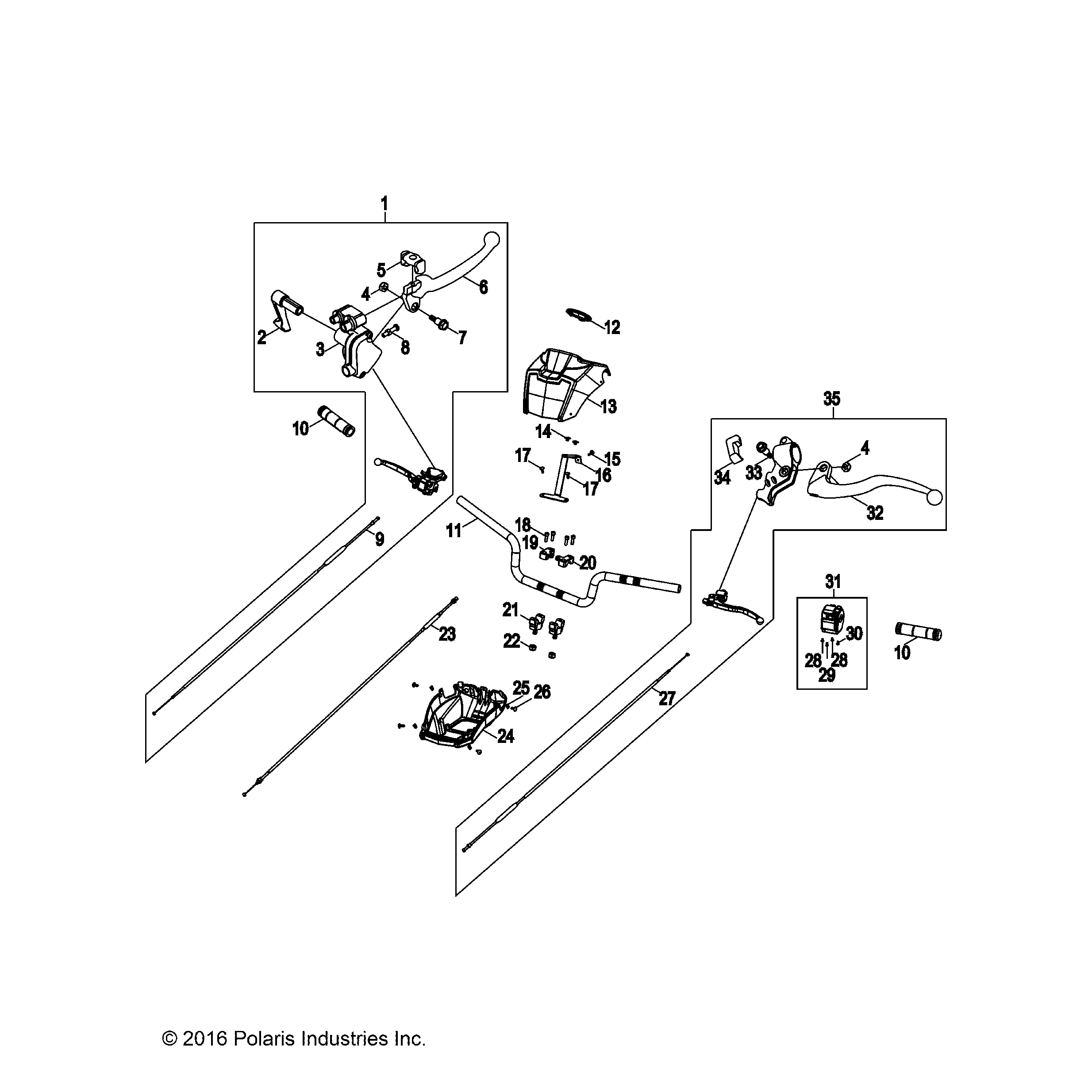 An Image of a Genuine Polaris Parts Schematic Diagram showing the schematic - STEERING: HANDLEBAR - 2024 POLARIS SPORTSMAN 110