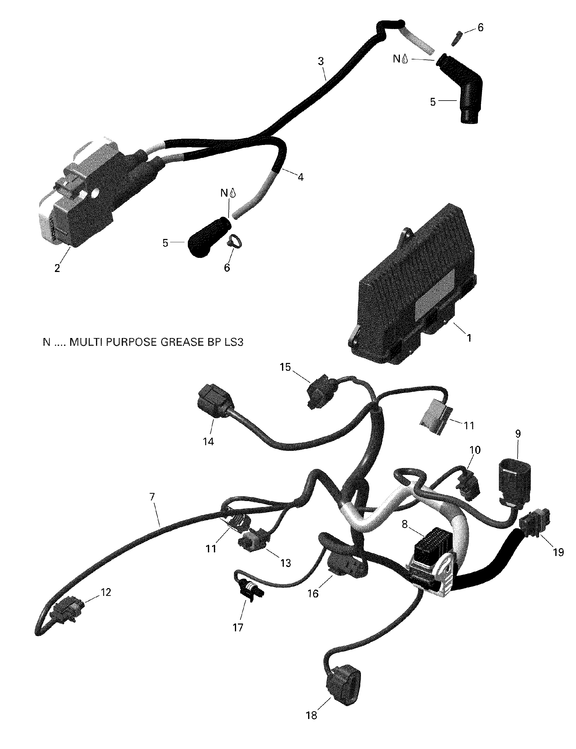 An Image of a Genuine Can-Am Parts Schematic Diagram showing the schematic - ROTAX - ENGINE HARNESS AND ELECTRONIC MODULE - V3