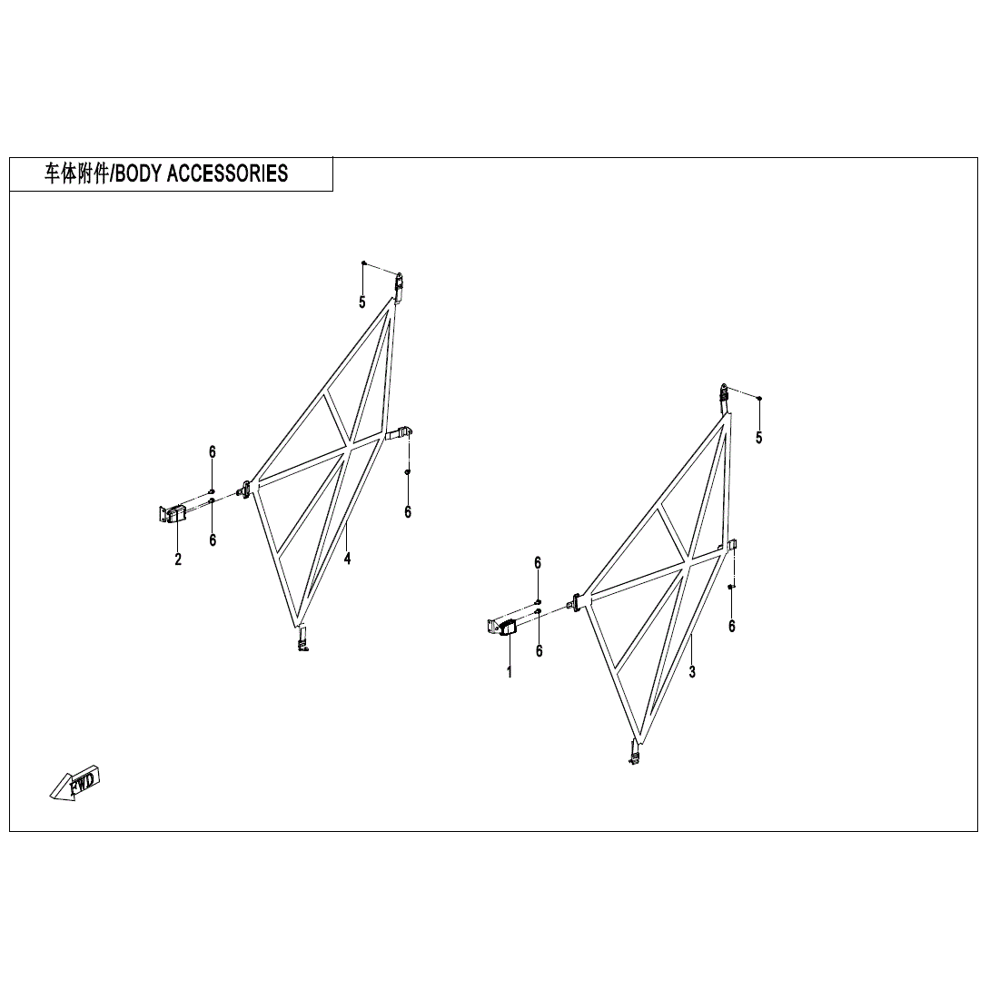 Line drawing diagram of two triangular metal frames labeled as RH Side Net by CF Moto body accessories, showing numbered OEM parts and connection points, with connecting rods. English and Chinese text appear at the top left.