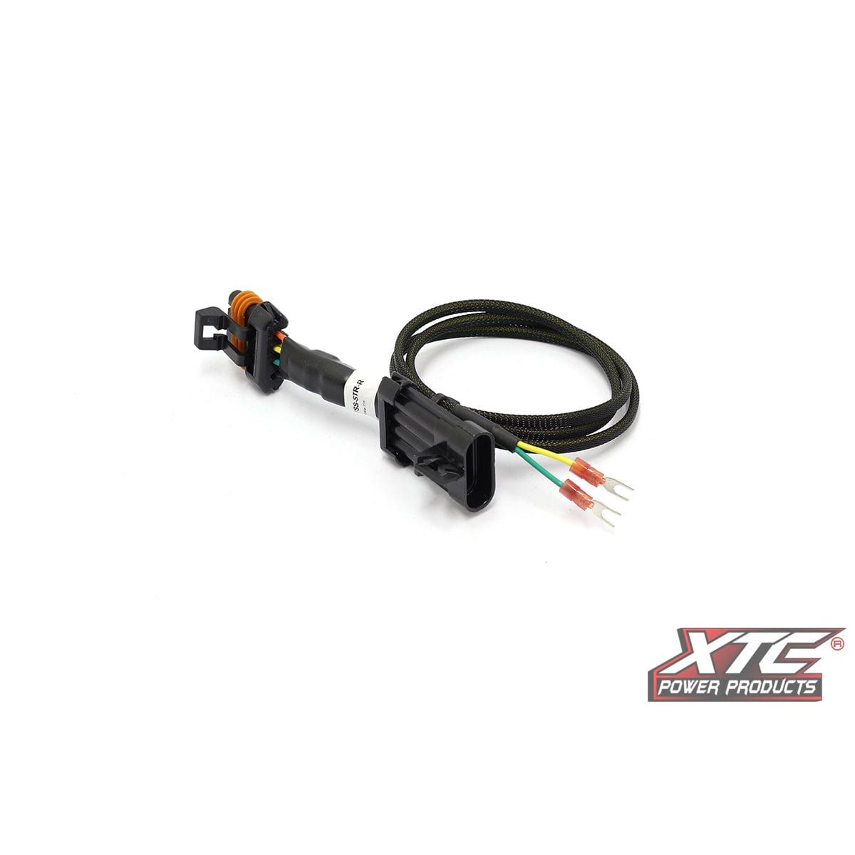 OEM Tail Lights Strobe by XTC Power: Black electrical wiring harness with connectors, exposed wire ends, a black braided cable, and orange rubber seals. The XTC Power Products logo appears in the bottom right corner on a white background.