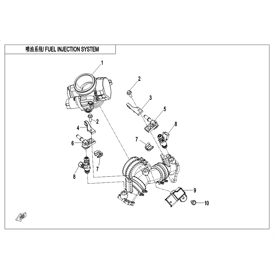 An Image of a Genuine CFMOTO Parts Schematic Diagram showing the schematic - INJECTOR SYSTEM - NON EVAP - 2019 CFMOTO ZFORCE 800 Trail