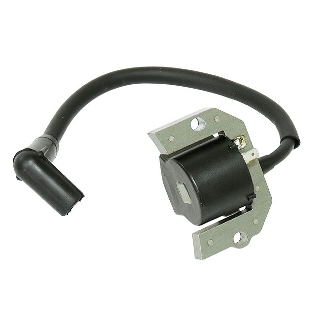 The Kawasaki UTV/ATV Ignition Coil by Bronco is a black coil with a thick attached cable, mounted on a metal bracket with screw holes, designed for use in small engines or outdoor power equipment.