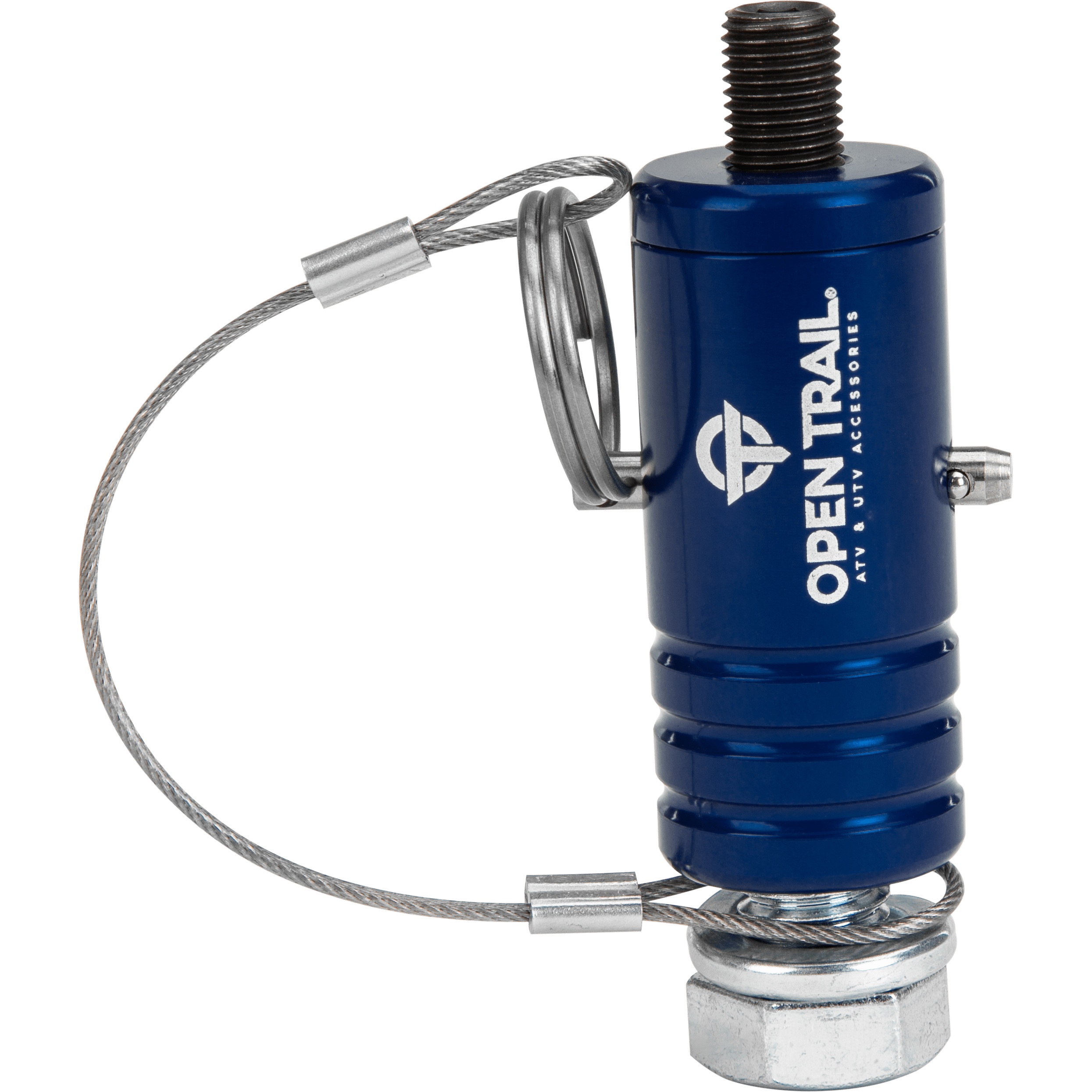 The Quick-Release Whip Mount Blue by Open Trail is an aluminum ATV accessory with a 3/8 x 24mm stud, quick-release cap, top threaded bolt, silver base nut, and attached coiled steel cable.