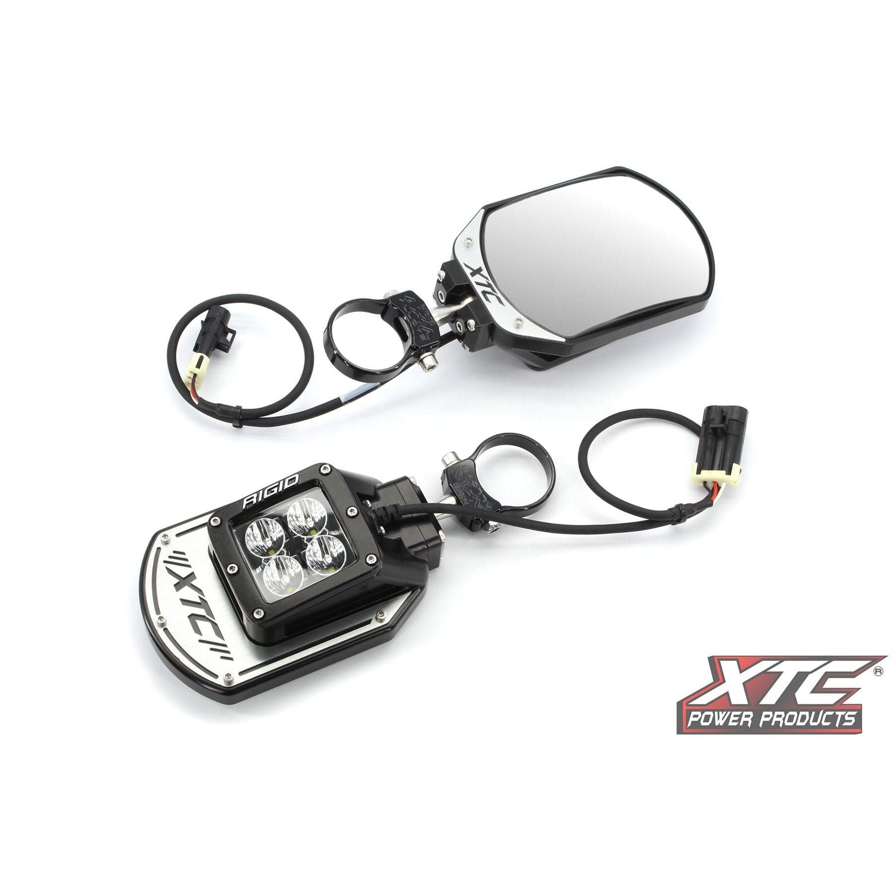 Two XTC Power Side Mirrors with 2.00 roll cage bar clamps and integrated LED lights featuring Broad/Spot Optic are shown on a white background. The XTC logo is visible on both mirrors and in the bottom right corner.