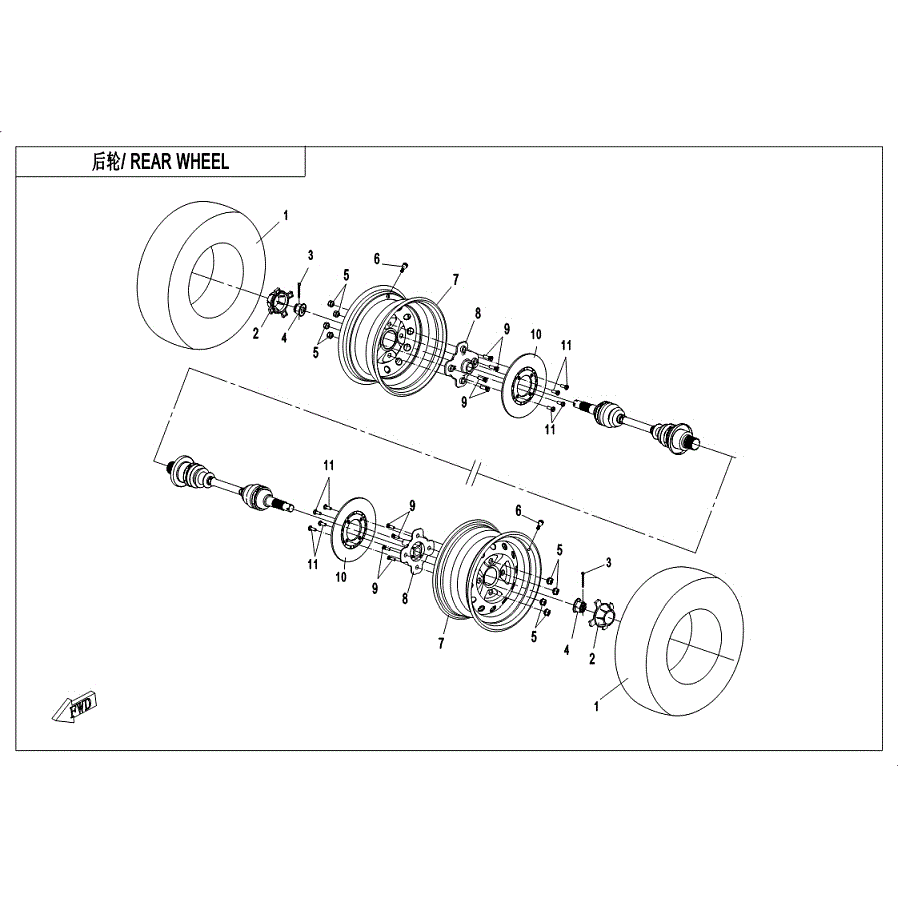An Image of a Genuine CFMOTO Parts Schematic Diagram showing the schematic - REAR WHEEL (2018) - 2019 CFMOTO ZFORCE 800 EX