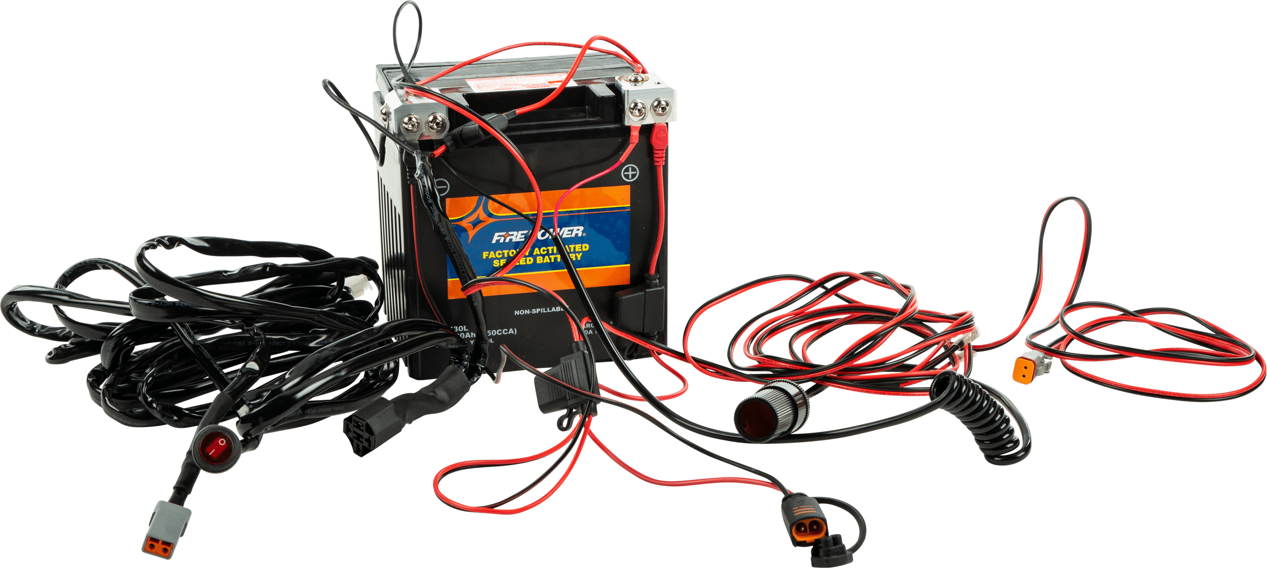 The Terminal Tender by Open Trail is shown on a white background with a black 12V powersports battery, labeled, featuring various red and black cables—some with connectors and coiled wire—and Terminal Tender block accessories.