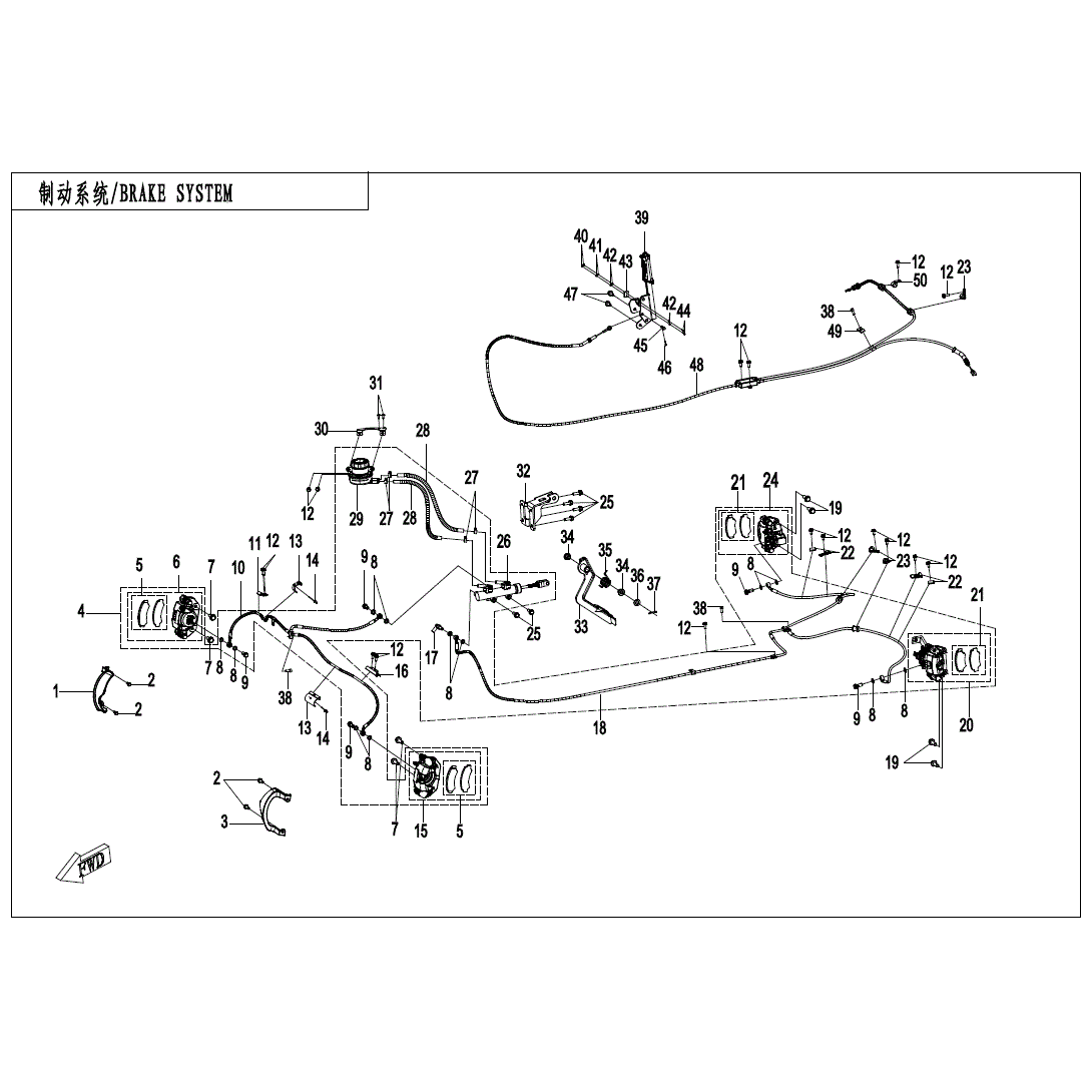 An Image of a Genuine CFMOTO Parts Schematic Diagram showing the schematic - BRAKE SYSTEM - 2025 CFMOTO UFORCE 800 XL