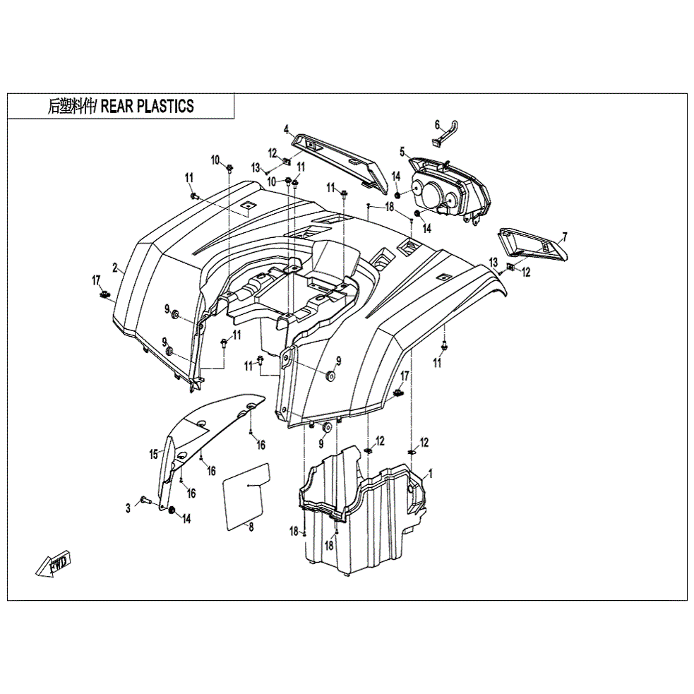 An Image of a genuine CFMOTO Parts Schematic Diagram showing the group - REAR PLASTICS - 2022 CFMOTO CFORCE 400