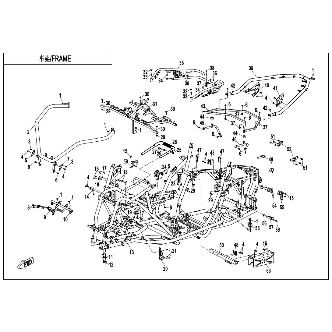 An Image of a Genuine CFMOTO Parts Schematic Diagram showing the schematic - FRAME - 2020 CFMOTO ZFORCE 950 Sport
