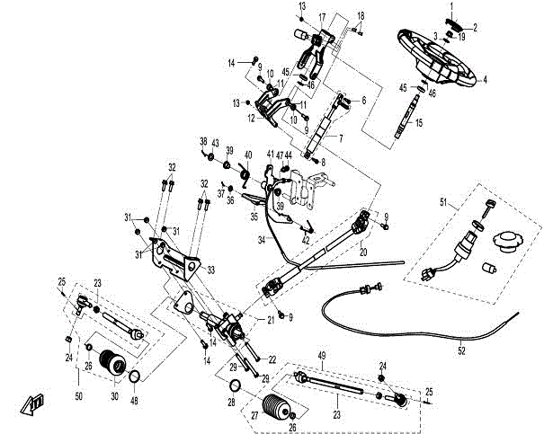 Exploded view diagram of a vehicle steering column assembly, highlighting parts such as the Tie Rod Assembly Right (Rh) by CF Moto (Replaces 9060-104200)—perfect for sourcing OEM components at Witchdoctors.com.