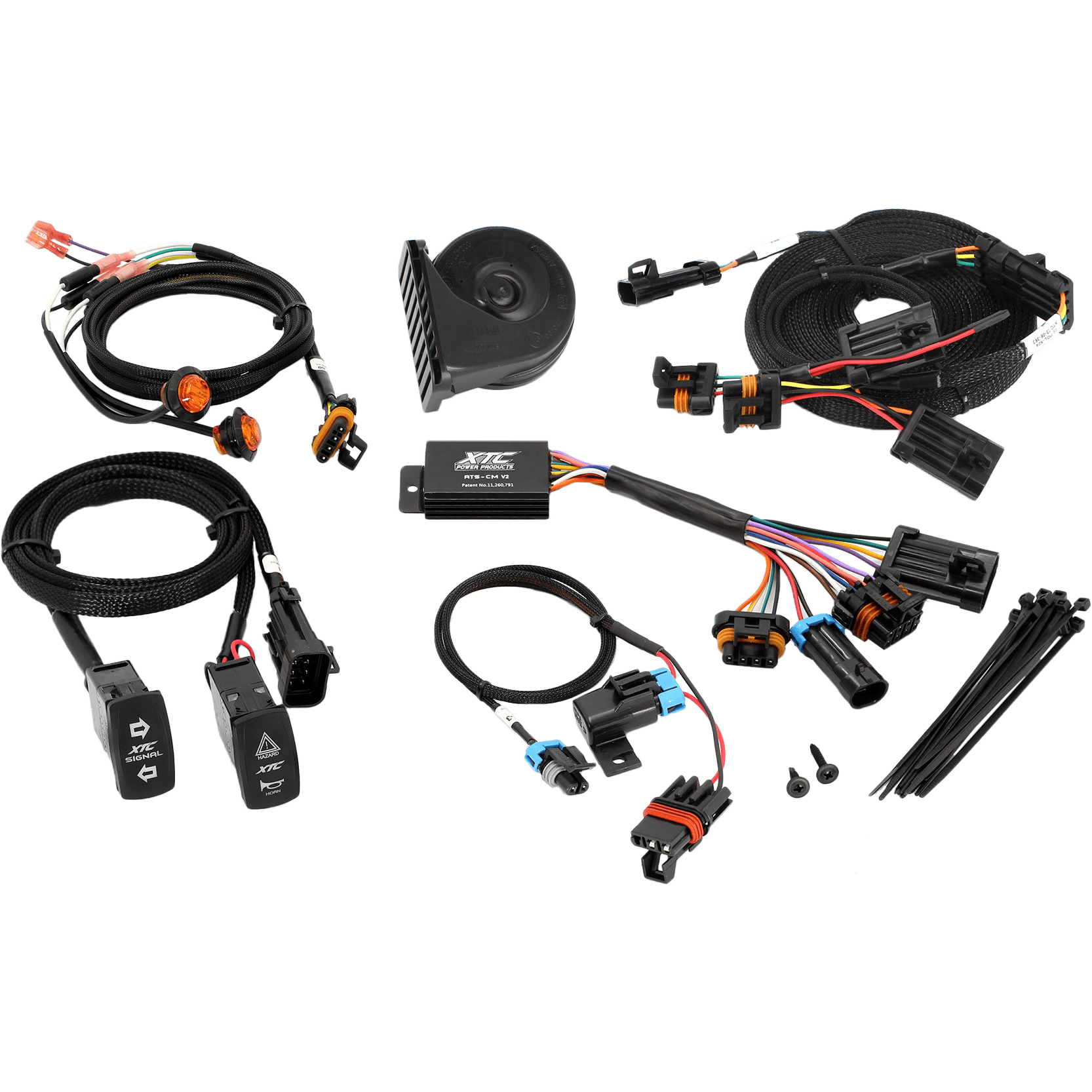 The Self Canceling Turn Signal Kit Pol by XTC Power includes wiring harnesses, connectors, switches, a black horn, cable ties, screws, and a control module for easy installation on a plain background.