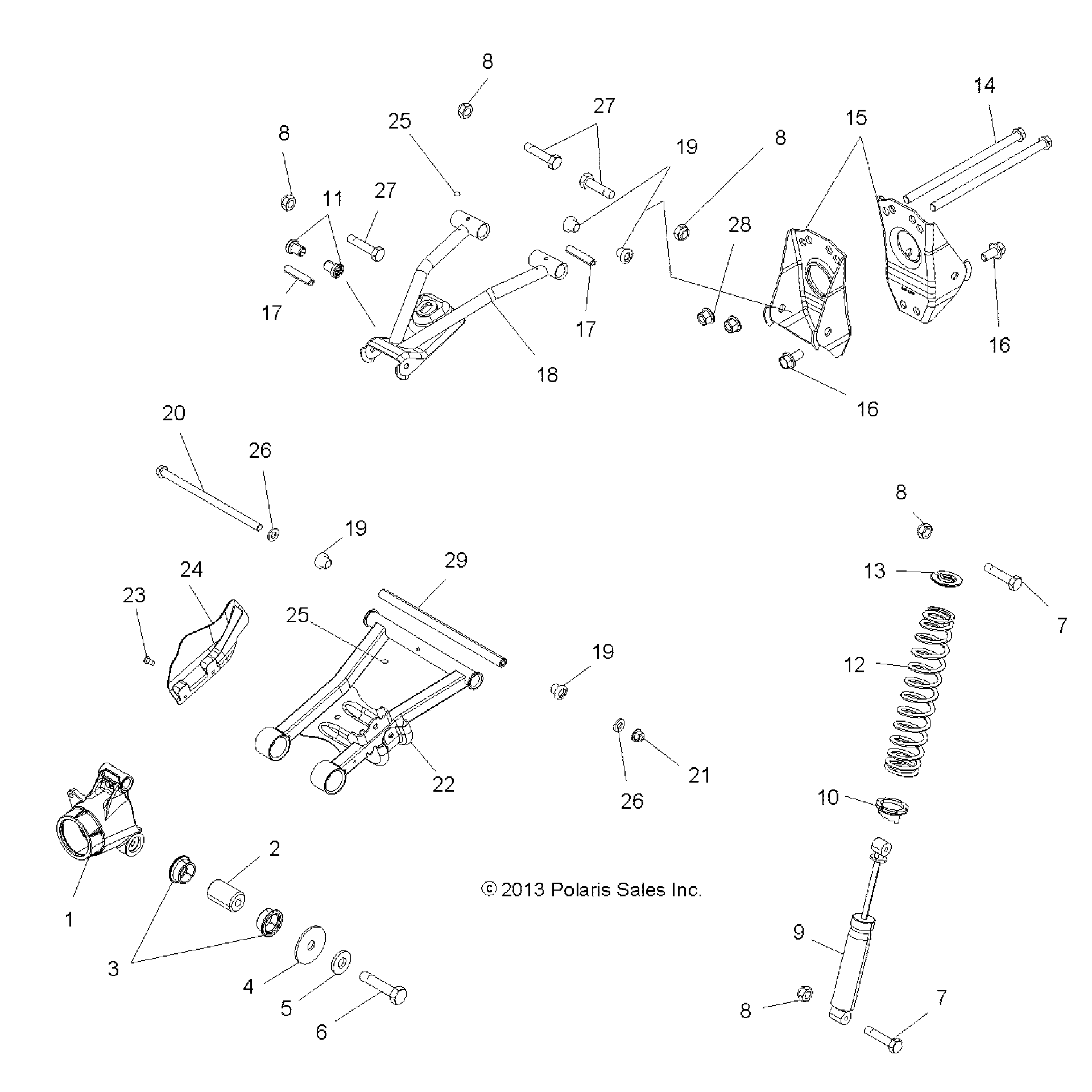 An Image of a Genuine Polaris Parts Schematic Diagram showing the schematic - SUSPENSION: REAR - 2015 POLARIS HAWKEYE 325 2X4