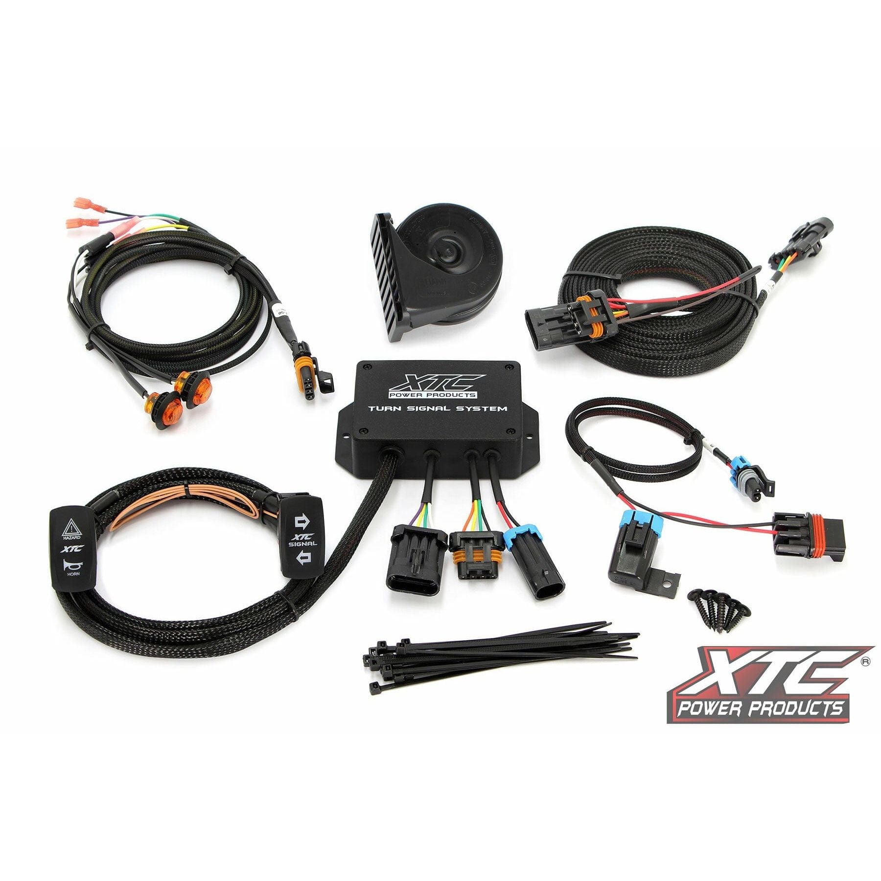 The Standard Turn Signal Kit Pol by XTC Power is displayed on a white background, featuring an OEM harness, connectors, control box, rocker switches, zip ties, and a small horn.