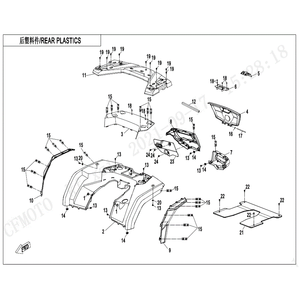 An Image of a genuine CFMOTO Parts Schematic Diagram showing the group - REAR PLASTICS - 2022 CFMOTO CFORCE 800 XC