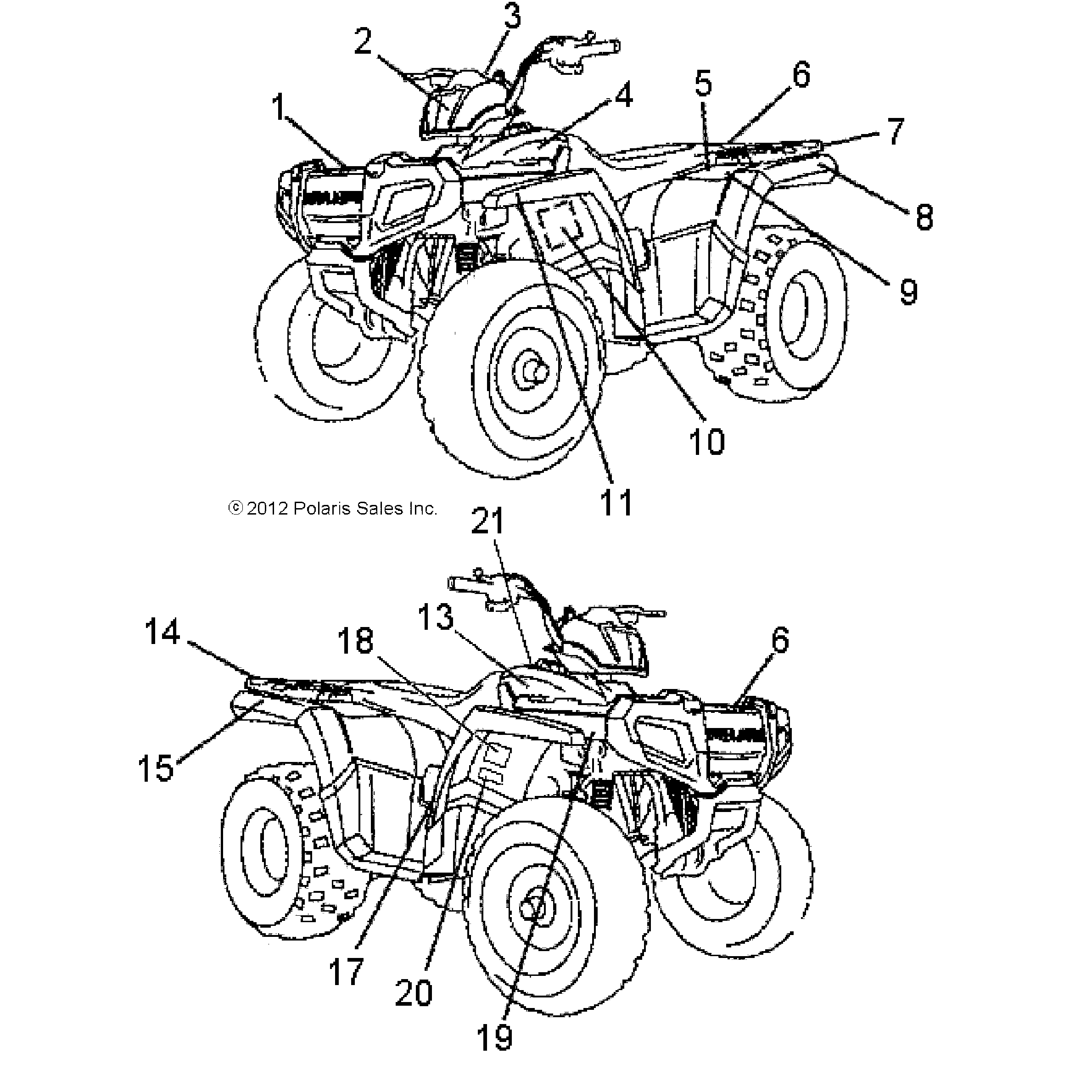 An Image of a Genuine Polaris Parts Schematic Diagram showing the schematic - BODY: DECALS - 2016 POLARIS SPORTSMAN 90